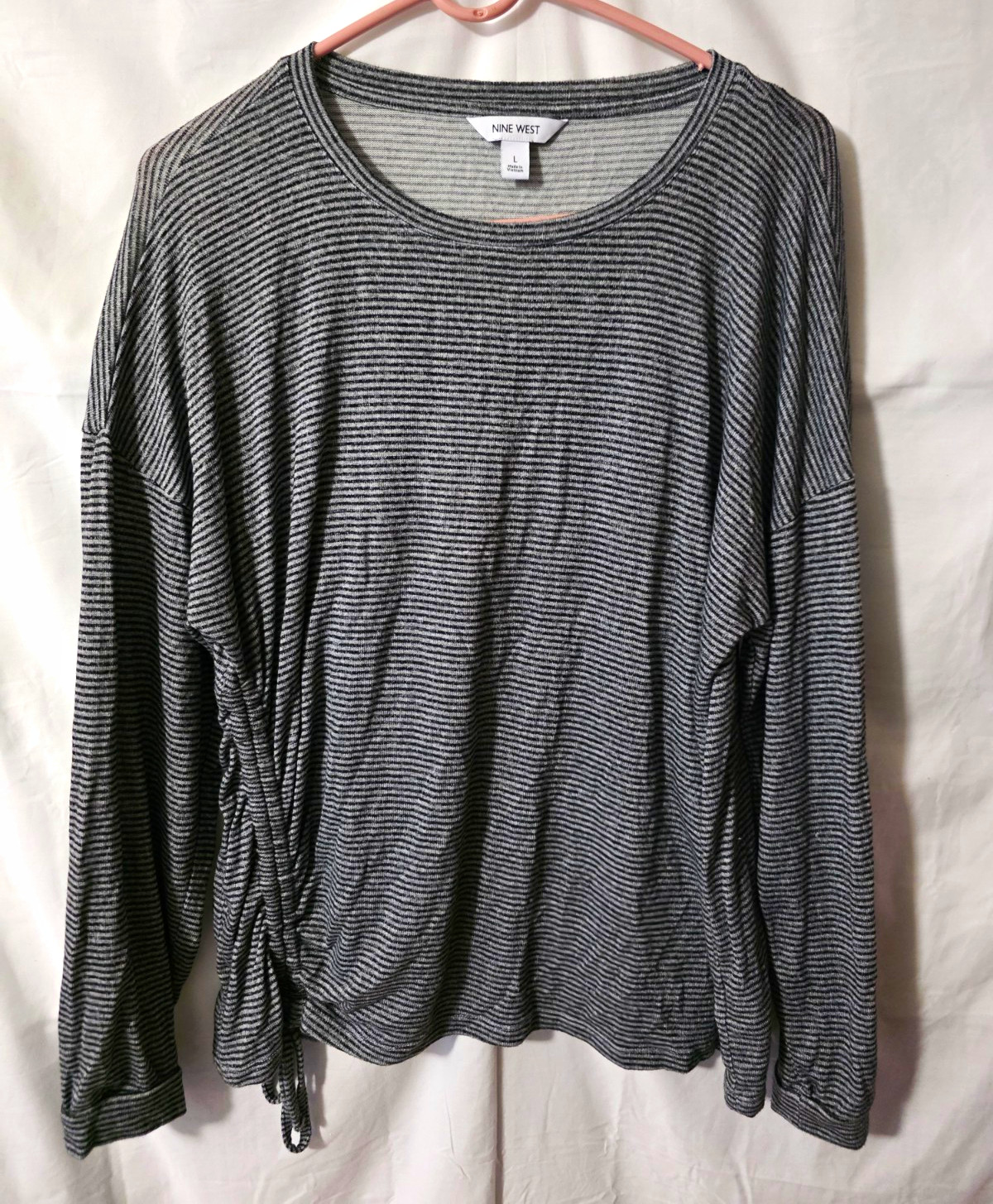 Nine West Women’s Gray/Black Striped Knit Round Neck Drawstring Top L Regular