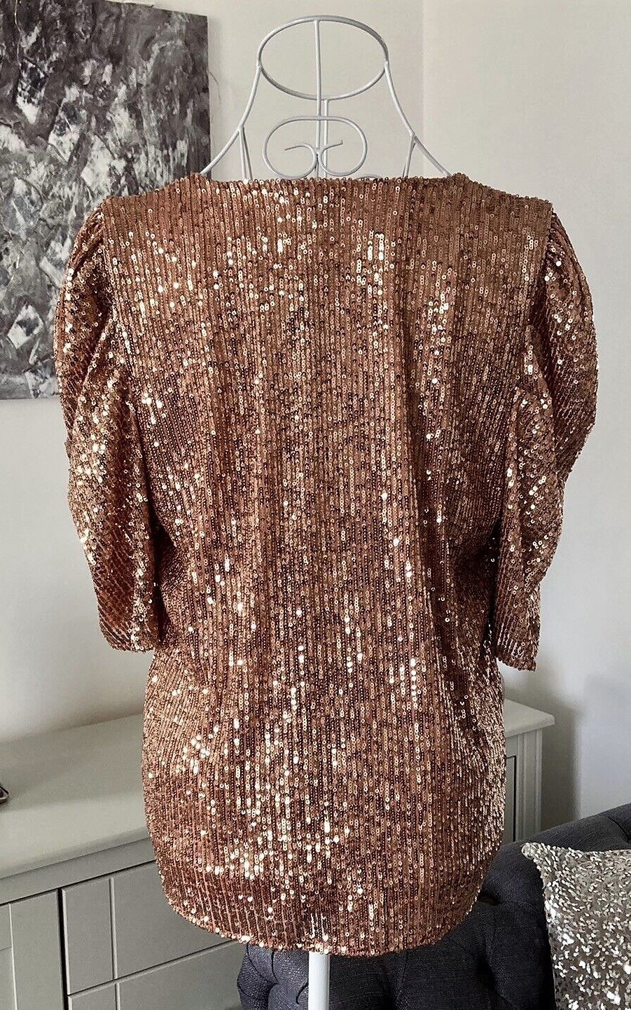 FAB ROSE GOLD SEQUIN PUFF SLEEVE EVENING PARTY OCCASION TOP SIZE UK 18 NEW