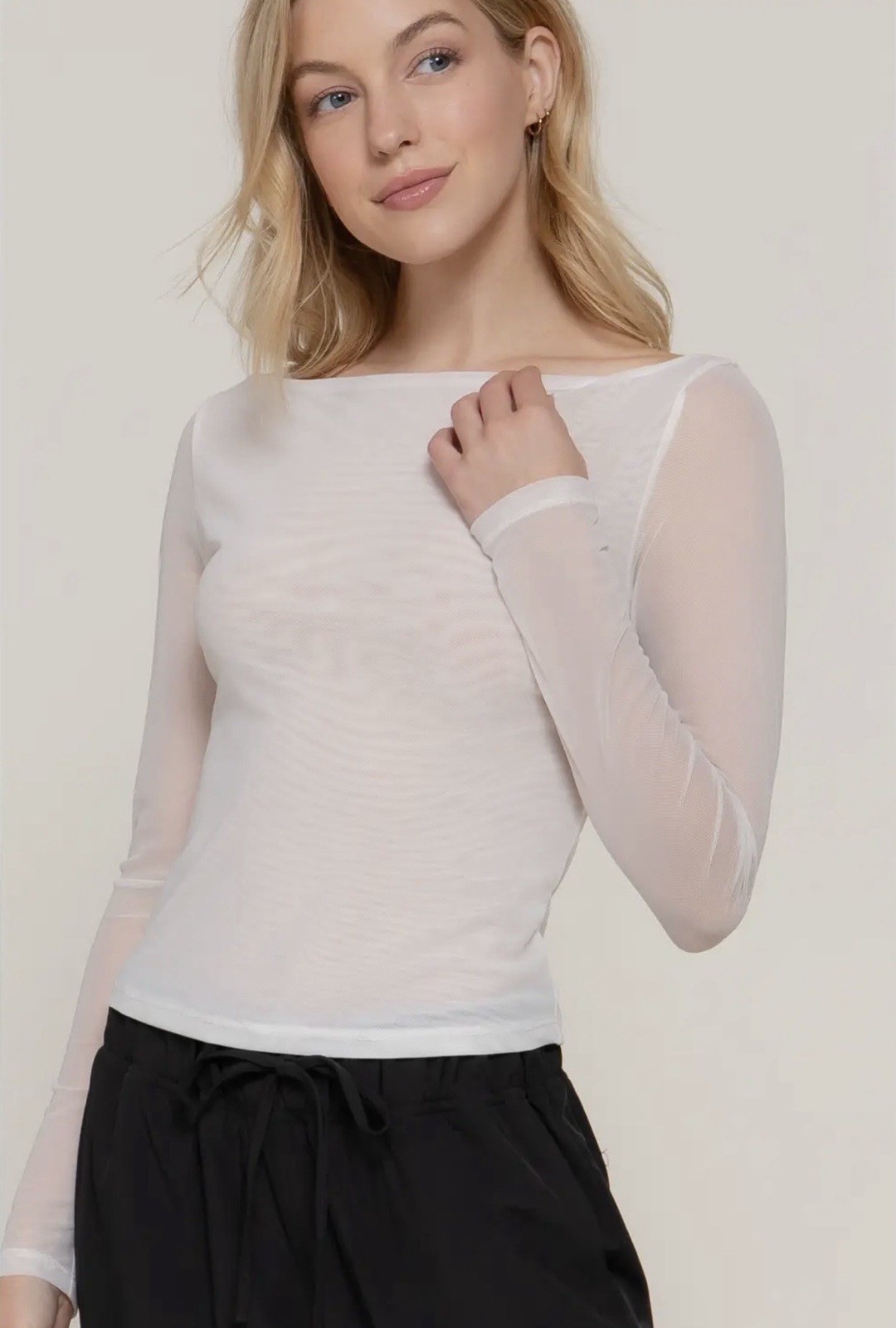 Active Women’s White Mesh Casual Boat Neck Sheer Long Sleeve Stretch Blouse