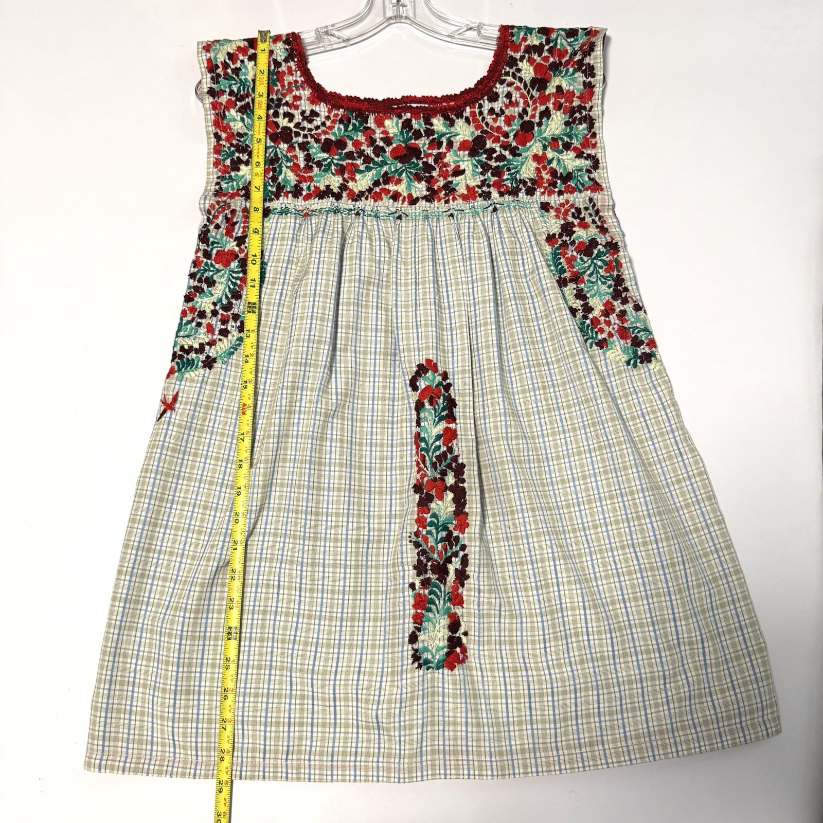 Mi Golondrina Hand Embroidered Tunic Top Blouse Red Green Floral Plaid S Mexico