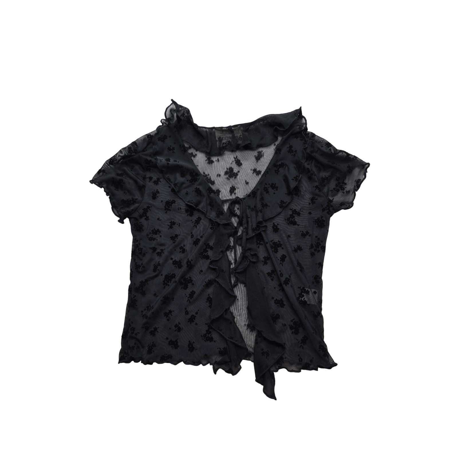 French Pastry Sheer Mesh Flocked Floral Tie Front Ruffle Cardigan Black Women XS