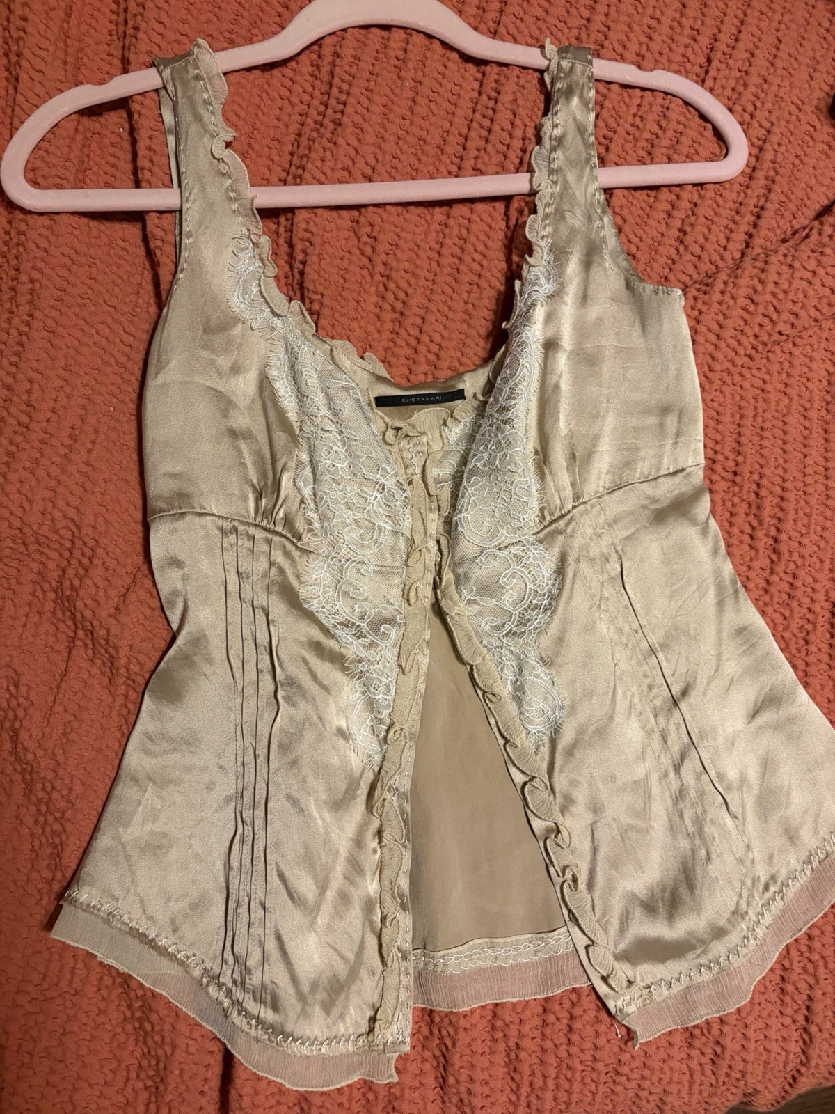 Elie Tahari Silk Lace Ruffle Button Sleeveless V-Neck Blouse Beige XS