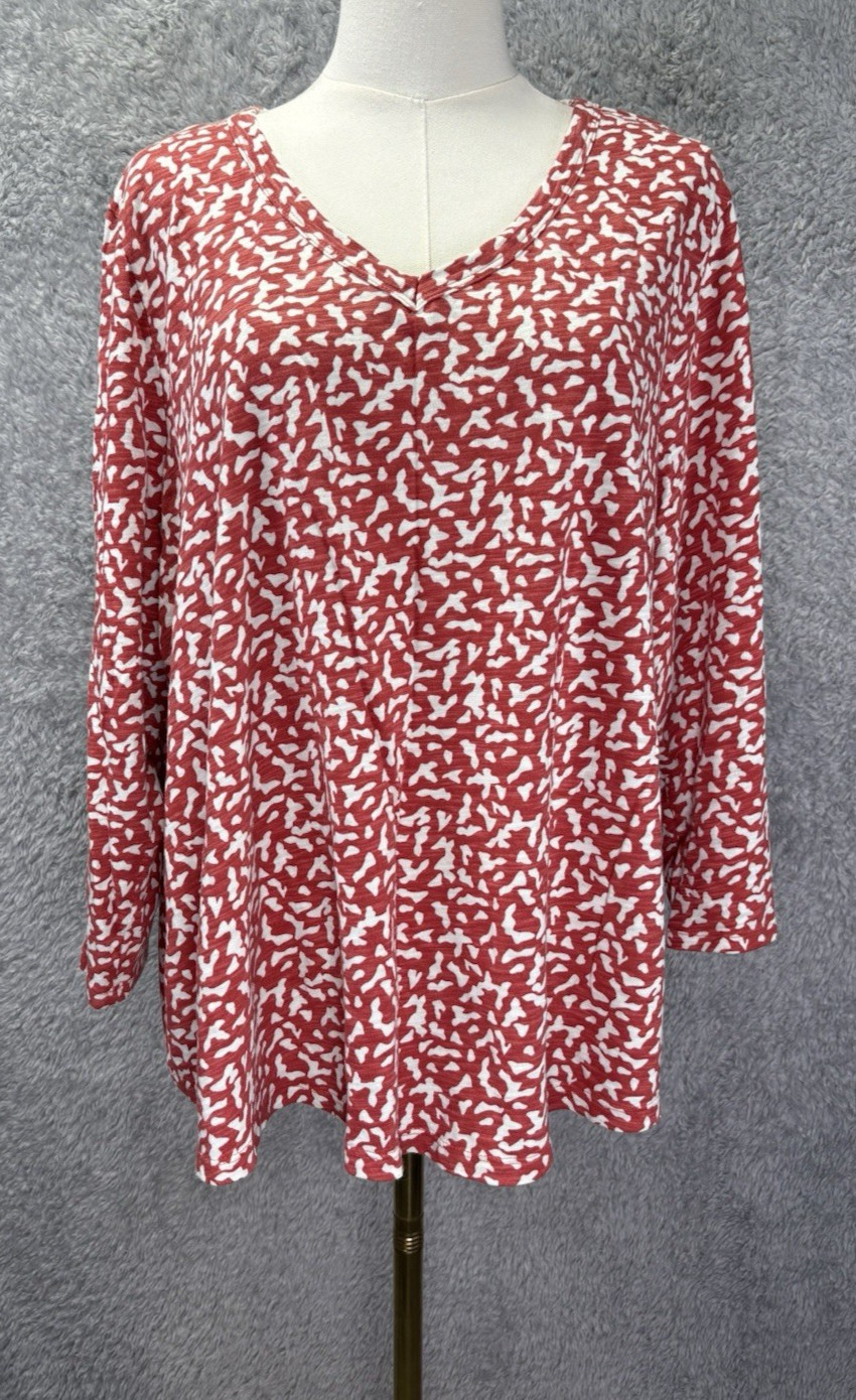 Chicos Dots V-Neck Top Womens Sz 4 XXL Coral White Slub Knit 3/4 Sleeve Career