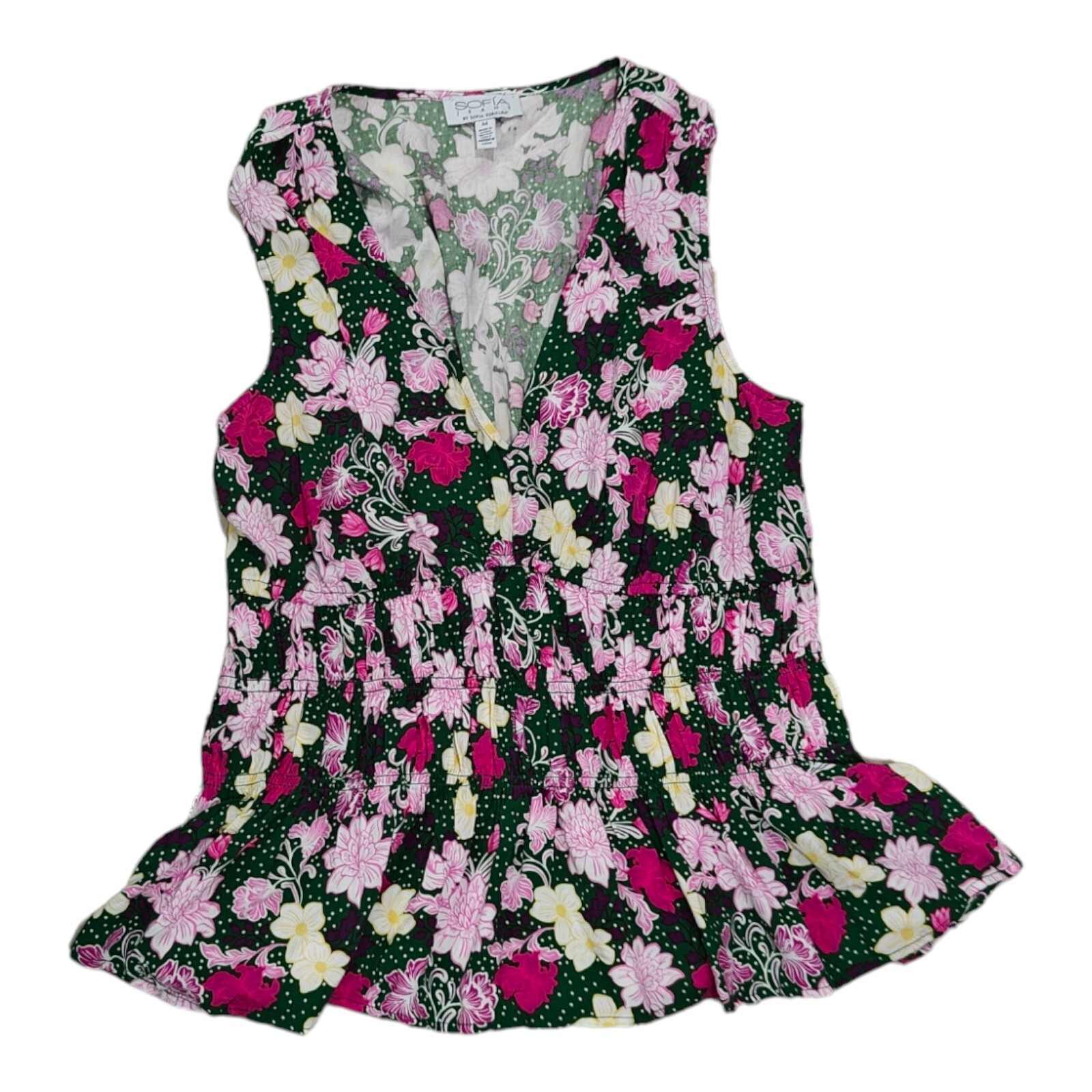 Sofia Jeans by Sofia Vergara Women Smocked Peplum Top Purple Pink Sz M