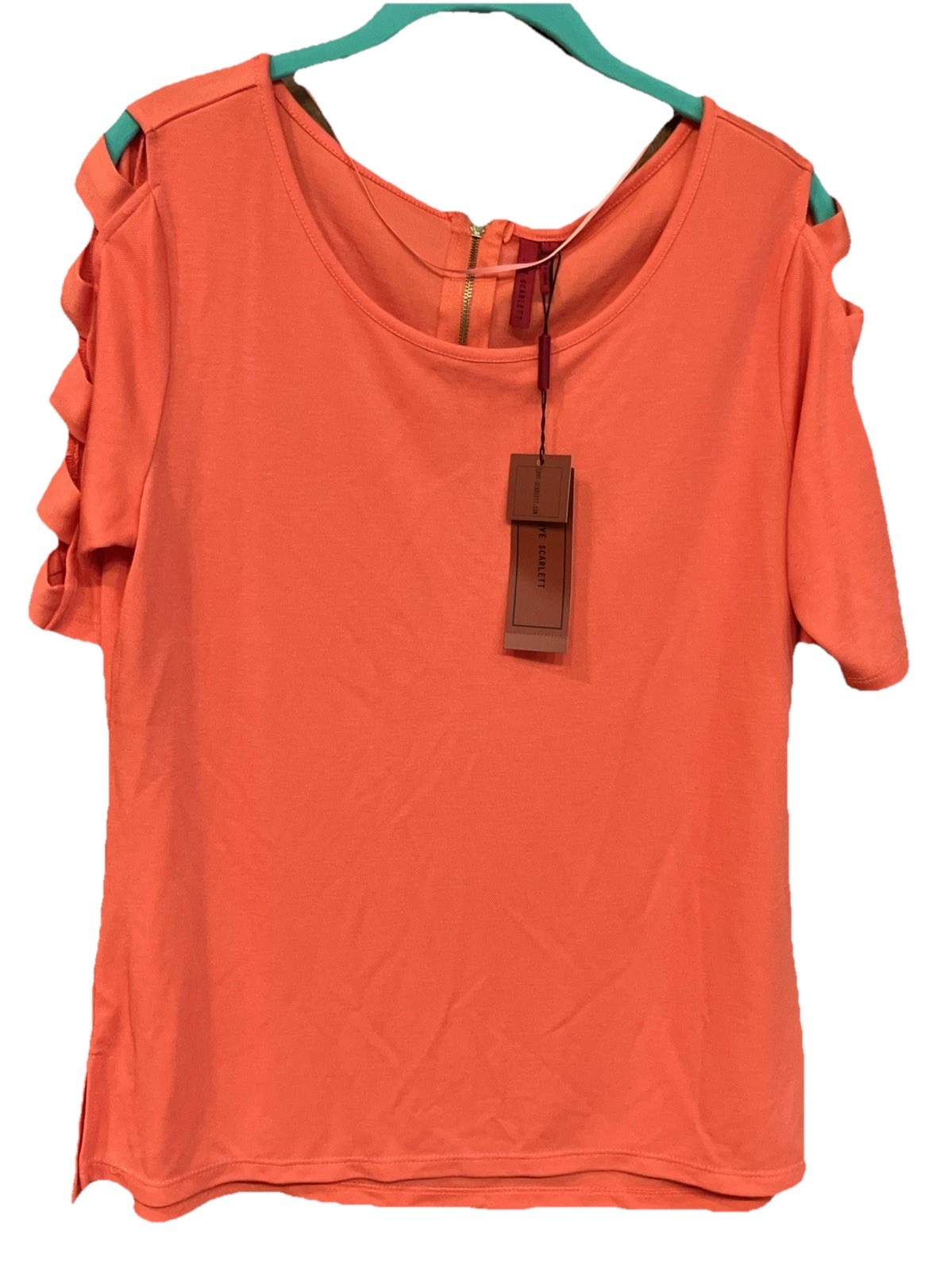 New Love Scarlett “Deco Red” Mesh Knit Scoop Neck Short Sleeved Top Rear Zipper