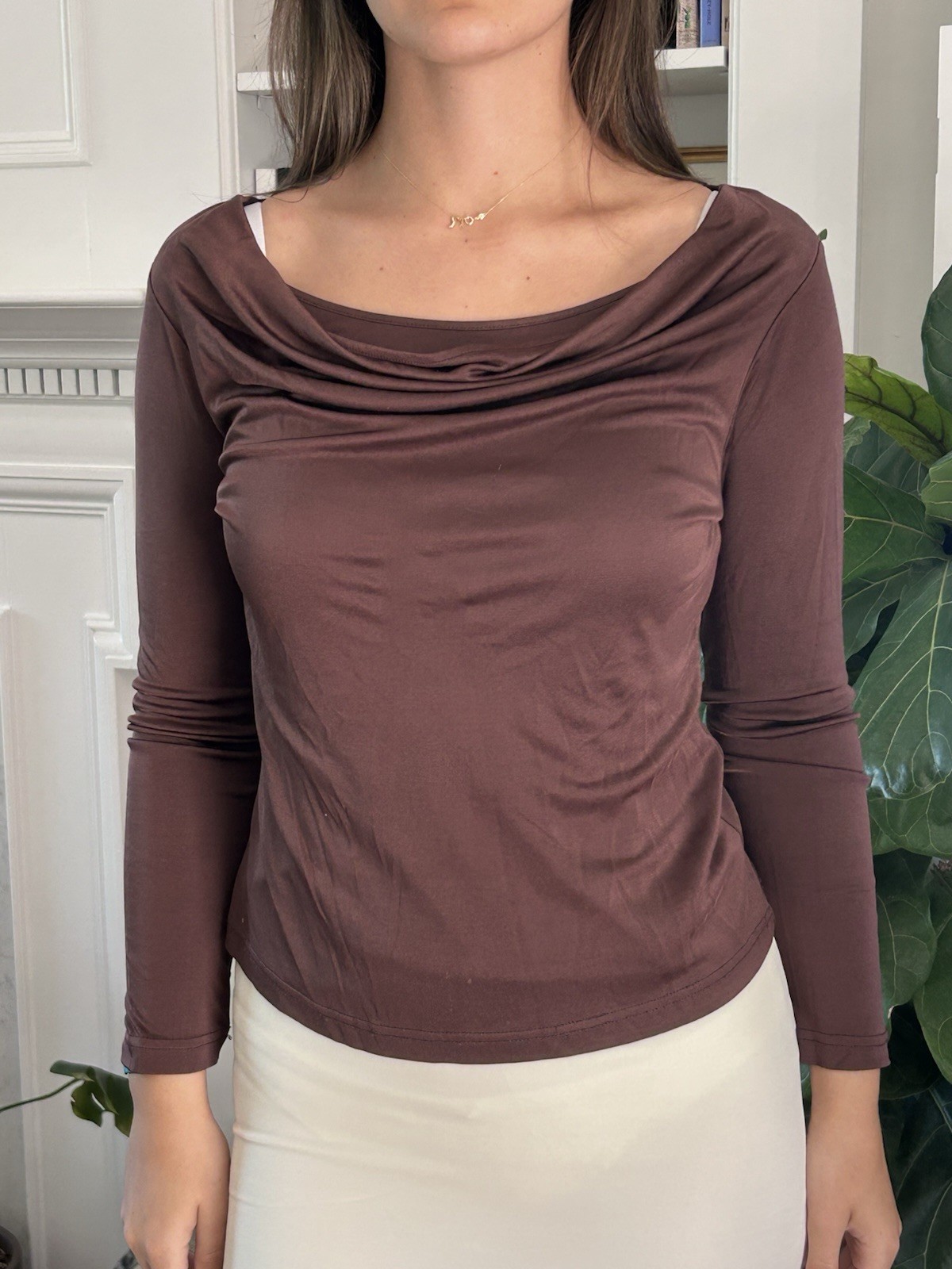 Winter Silks M Top Silk Rayon Drape Neck Brown