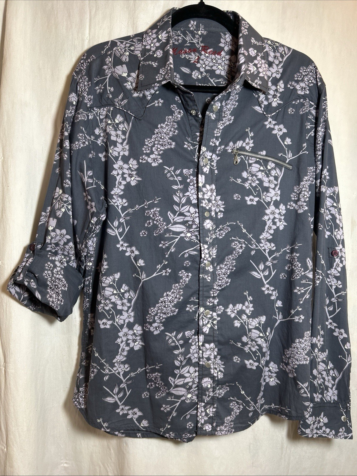 Women L Snap Front Collared Shirt Cowgirl Gray Lilac Floral Western 100 %Cotton
