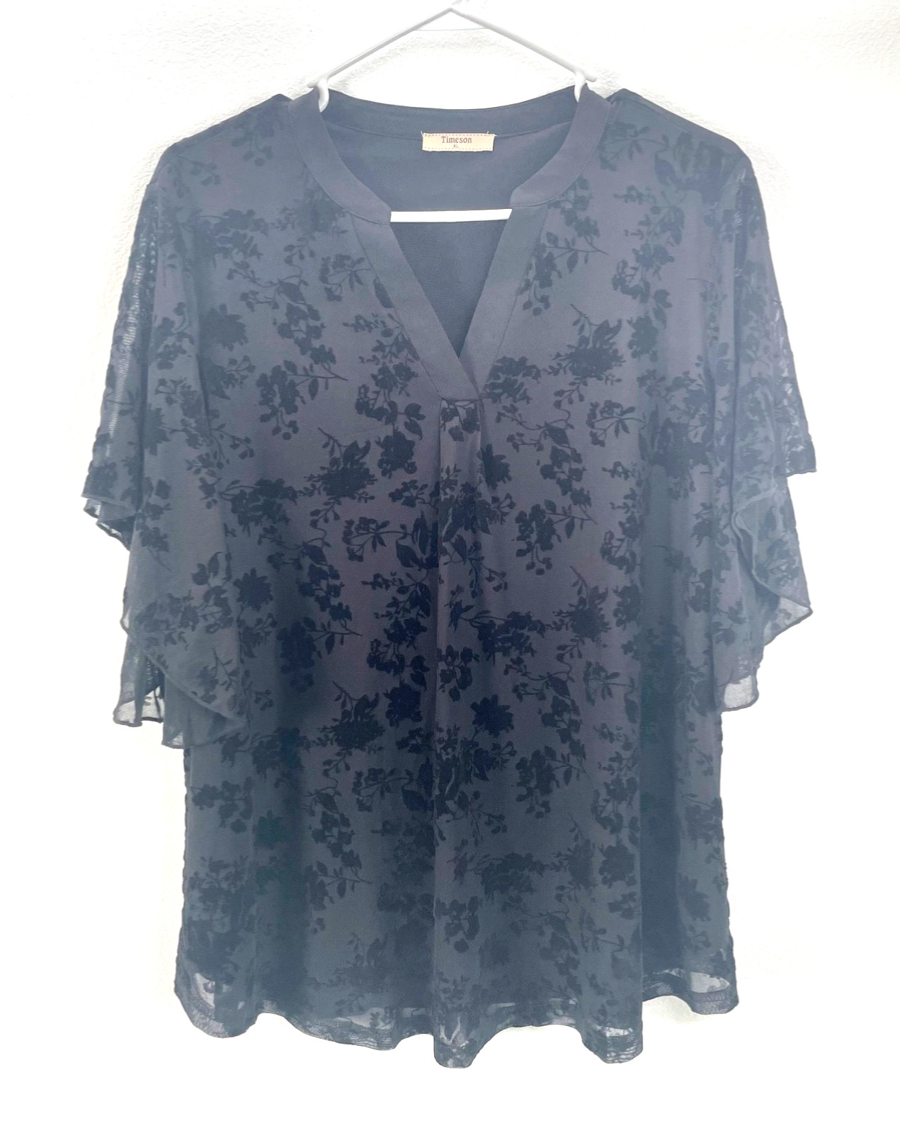 Timeson XL Black Blouse Flutter Sleeve Lined Lace Top