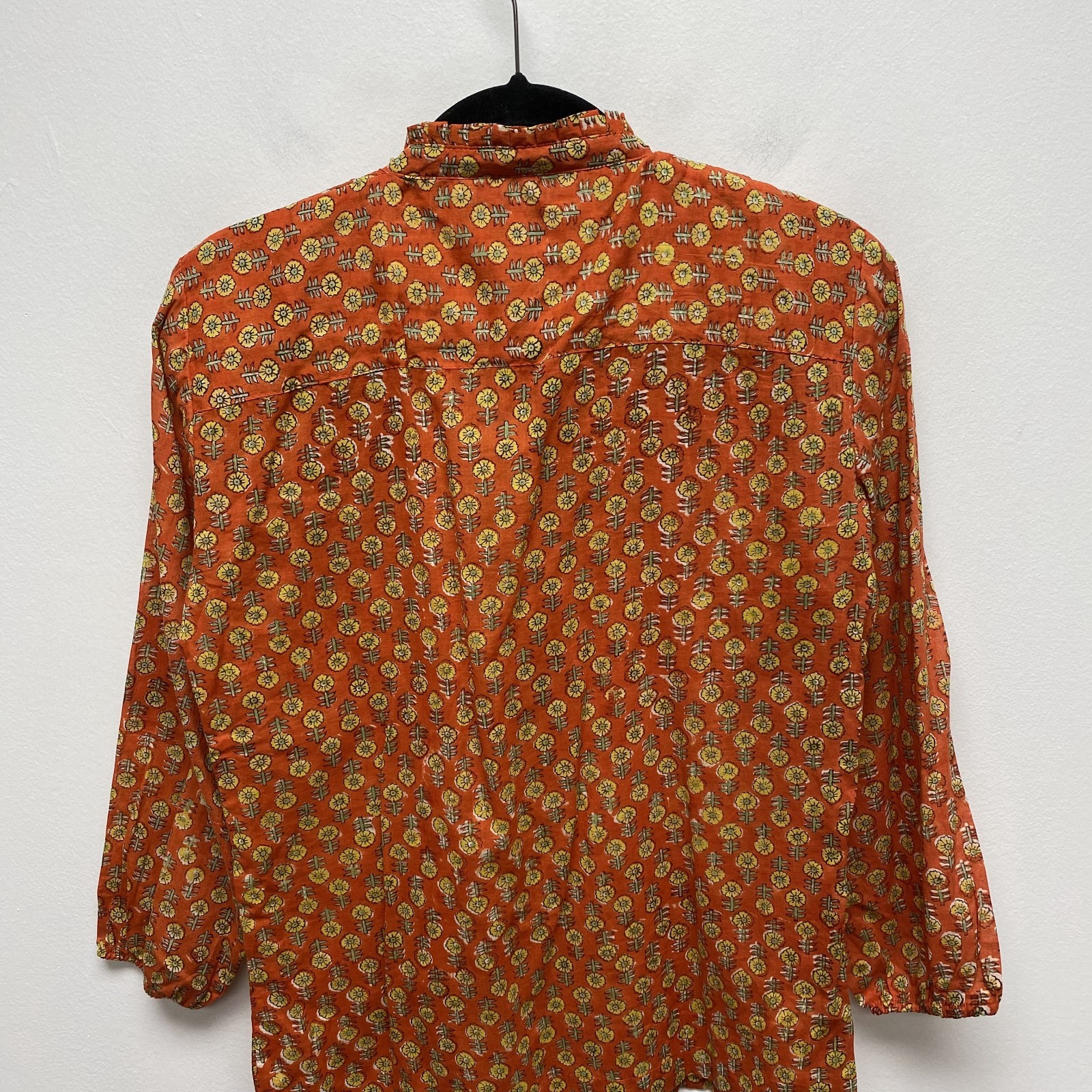 Mod’s Mahal India Cotton Retro 70s Button Down Shirt Ruffle Orange Floral XS