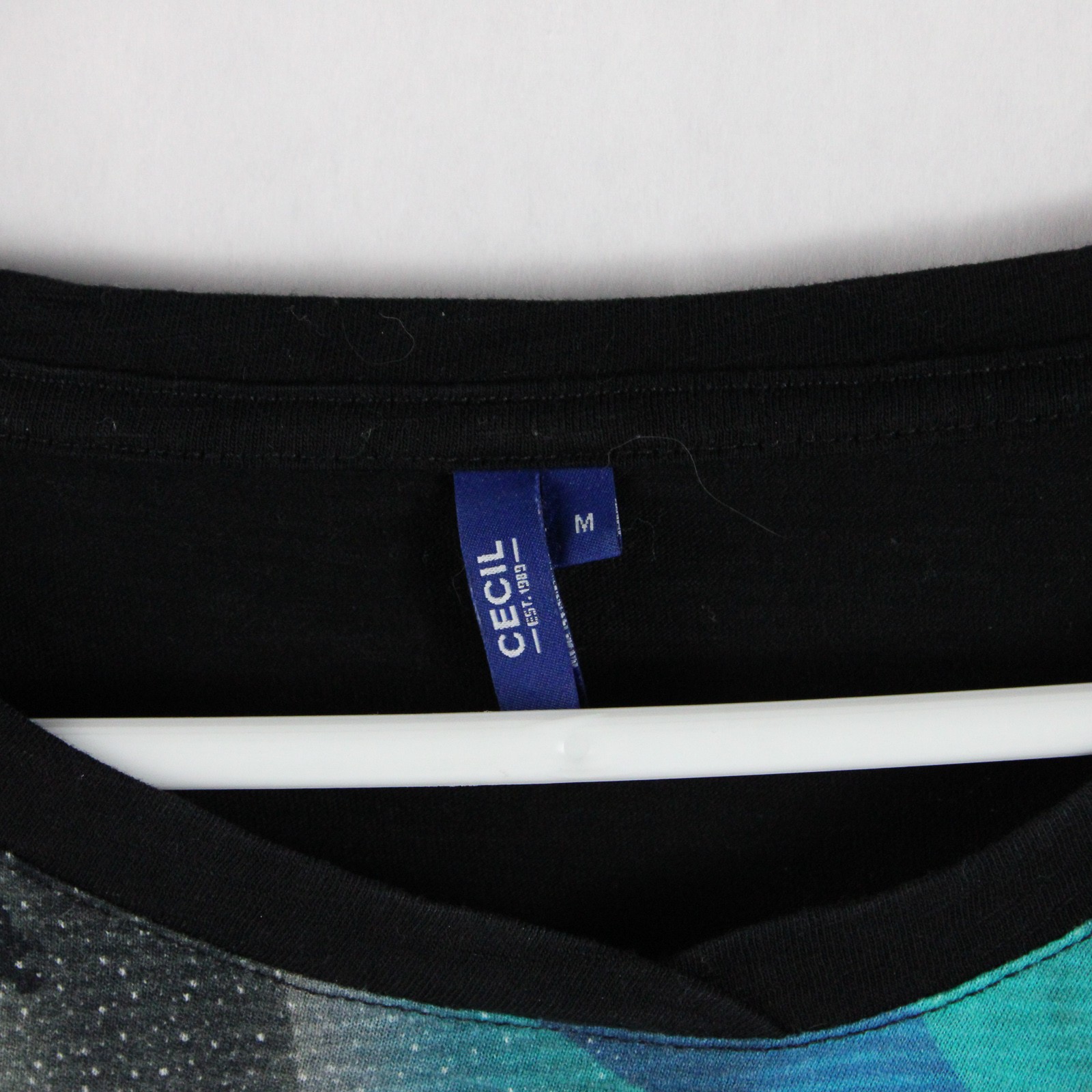 Cecil Women’s Mid Sleeve Top Black Sleeves & Blue Pattern Bodice Size Medium