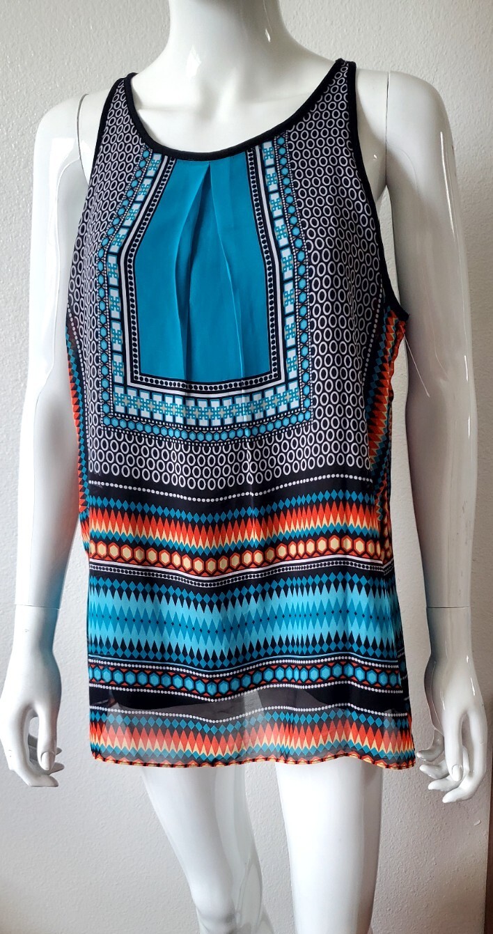 BCX Women’s Sheer Sleeveless Strappy patterns Multicolor Top Sz L NWOT