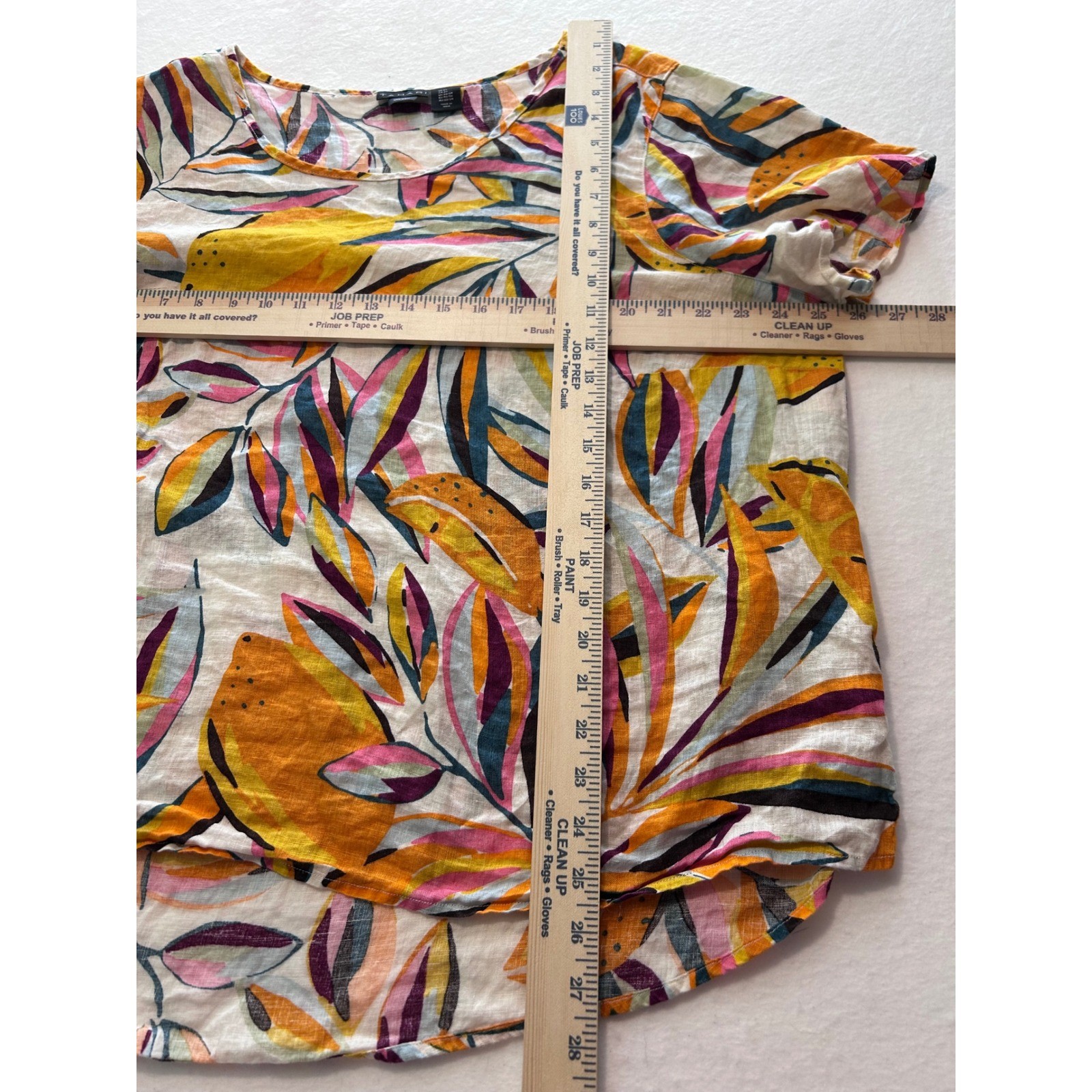 Tahari Womens 2X Linen Tropical Fruit Leaf Print Short Sleeve Blouse Top Multi