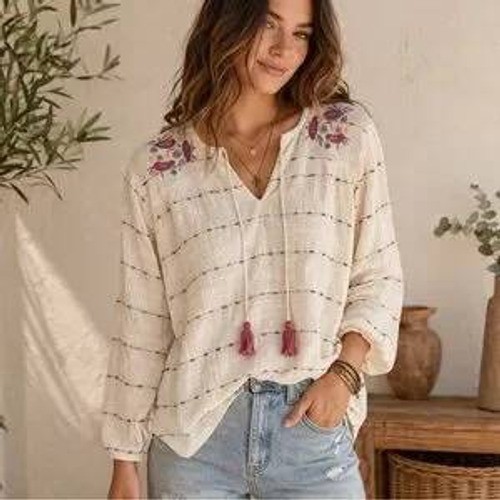 Earthbound Trading Co Cream Embroidered Gauze Tassel Tunic Top Womens Medium