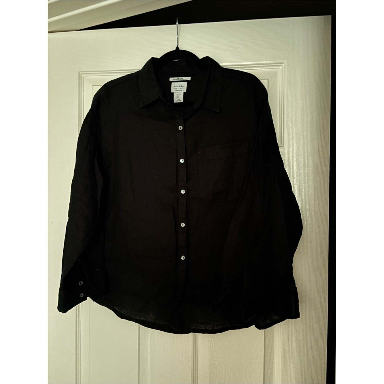 Nicole Miller New York 100% Linen Black Button Down Shirt European Flax Size M