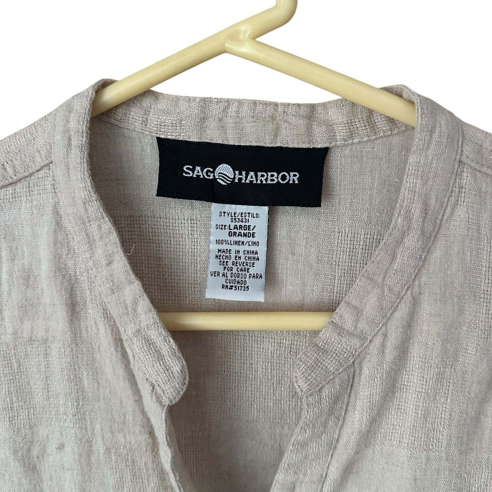 VTG Sag Harbor Linen Tunic Top Sz L Beige Natural Minimal Button Down Classic