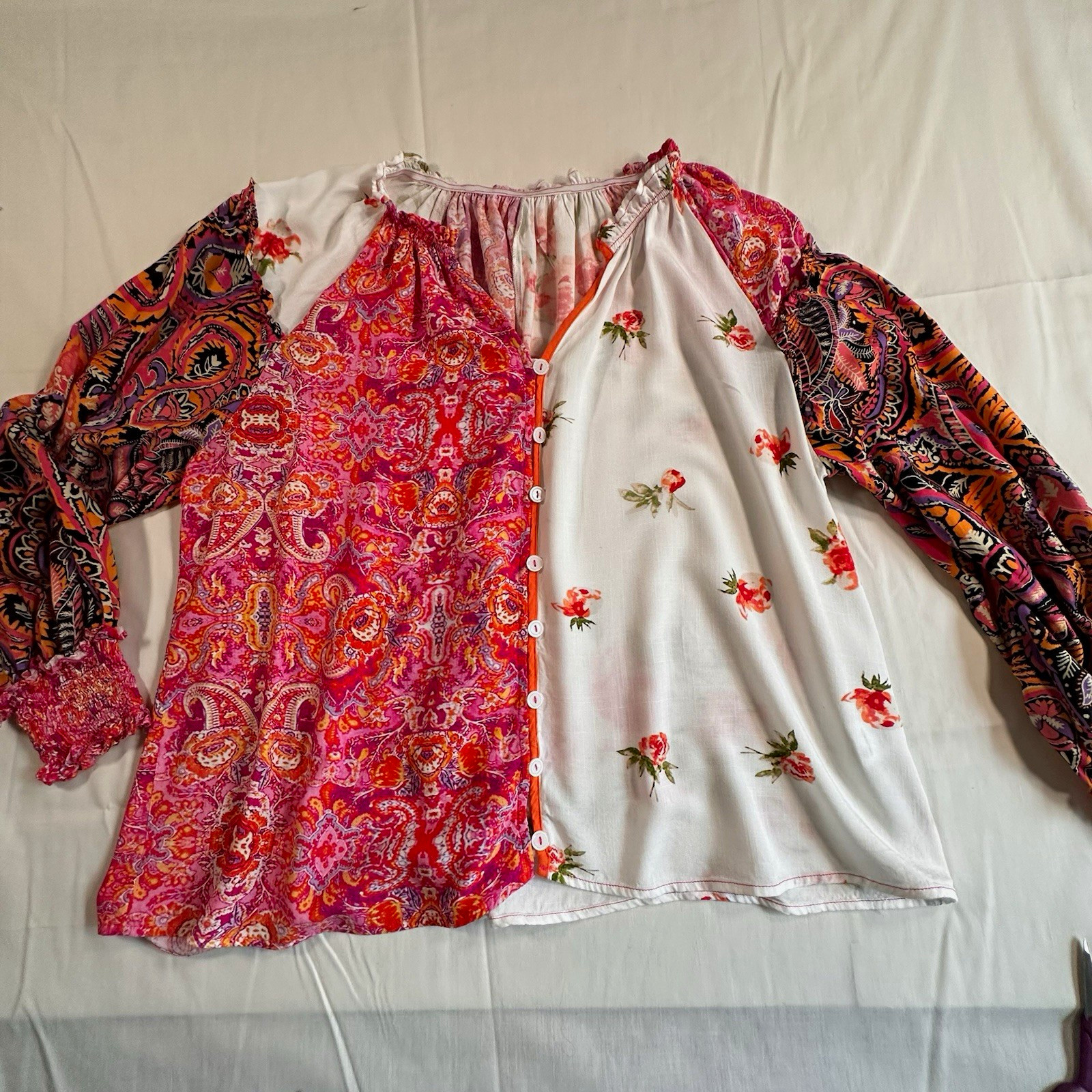 Multicolor Floral Viscose Button Front Smocked gypsy Boho peasa Blouse Womens L