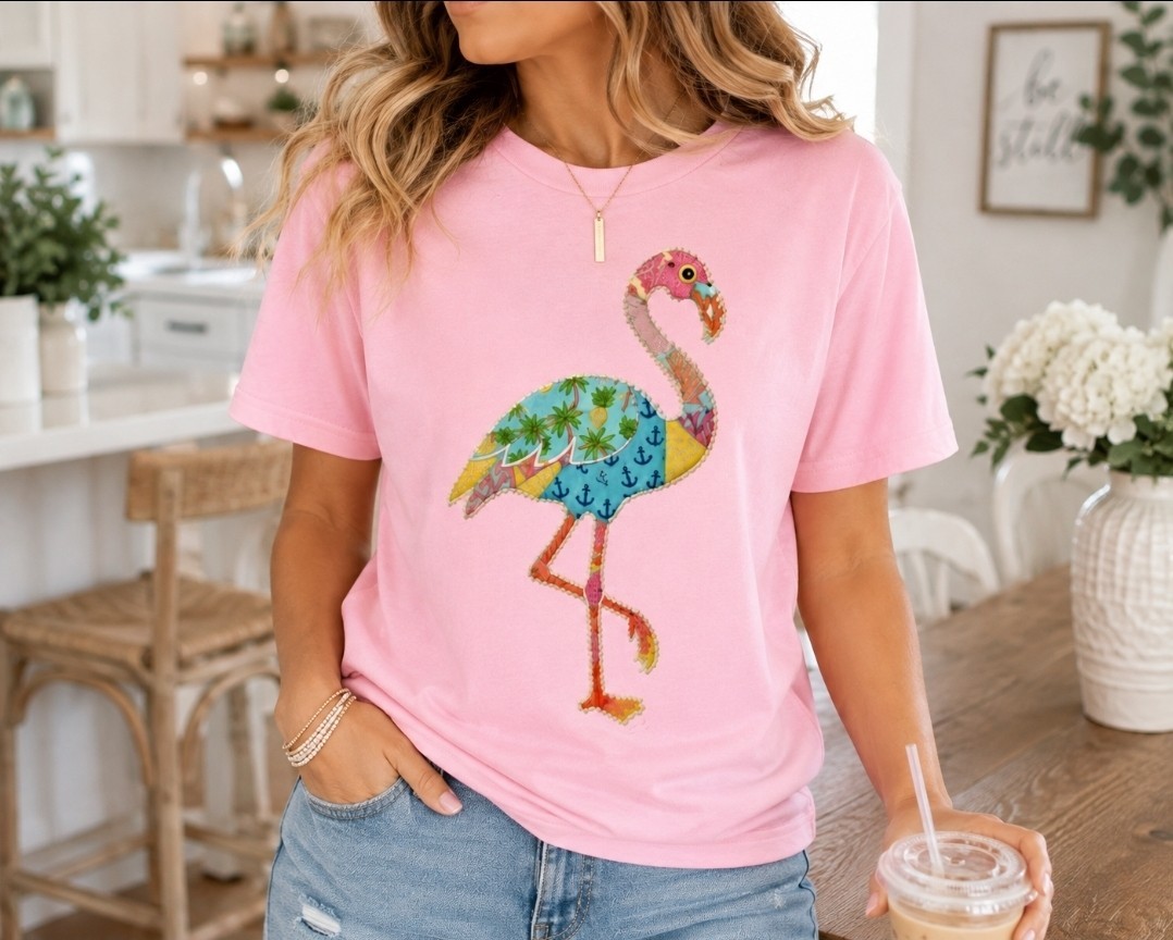 Women’s Pink Flamingo Graphic T-Shirt Tropical Summer Vacation Tee Gildan