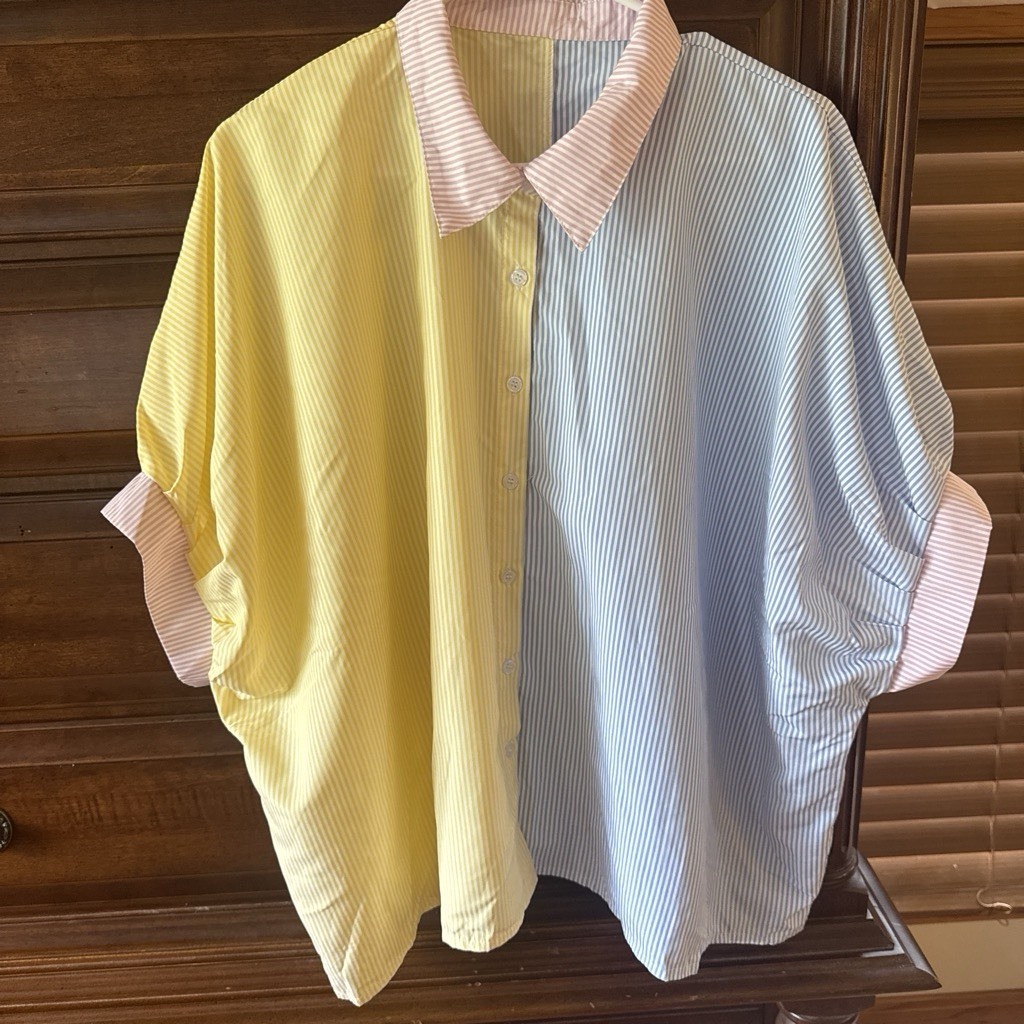 Emery Rose Womens XL Yellow/Blue/Pink Striped Colorblock Collared Button-Up