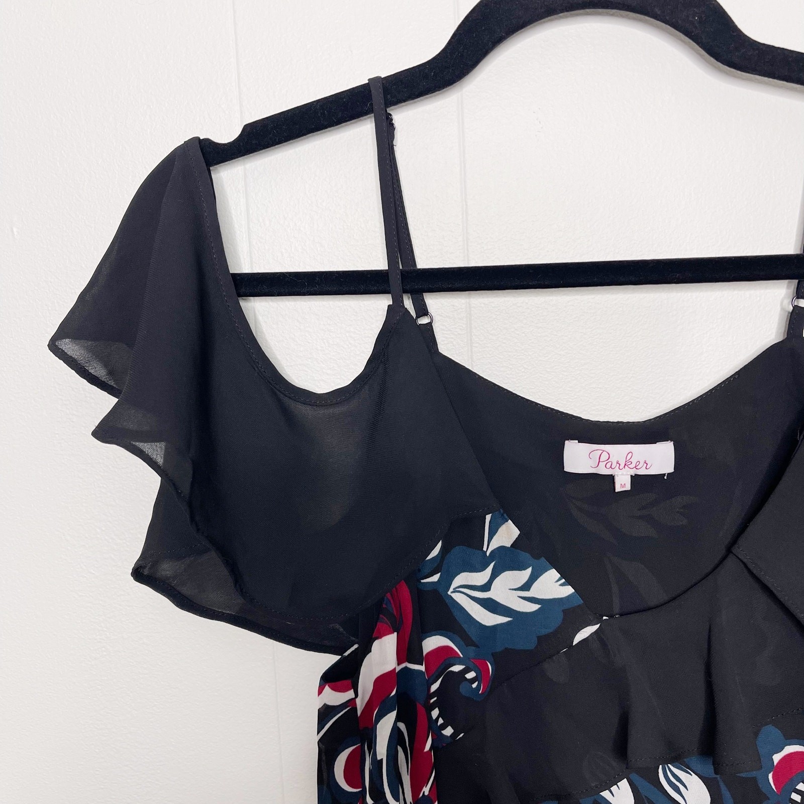 Parker Draped Sleeve Blouse Cold Shoulder Ruffle Pieced Paisley Print Black M