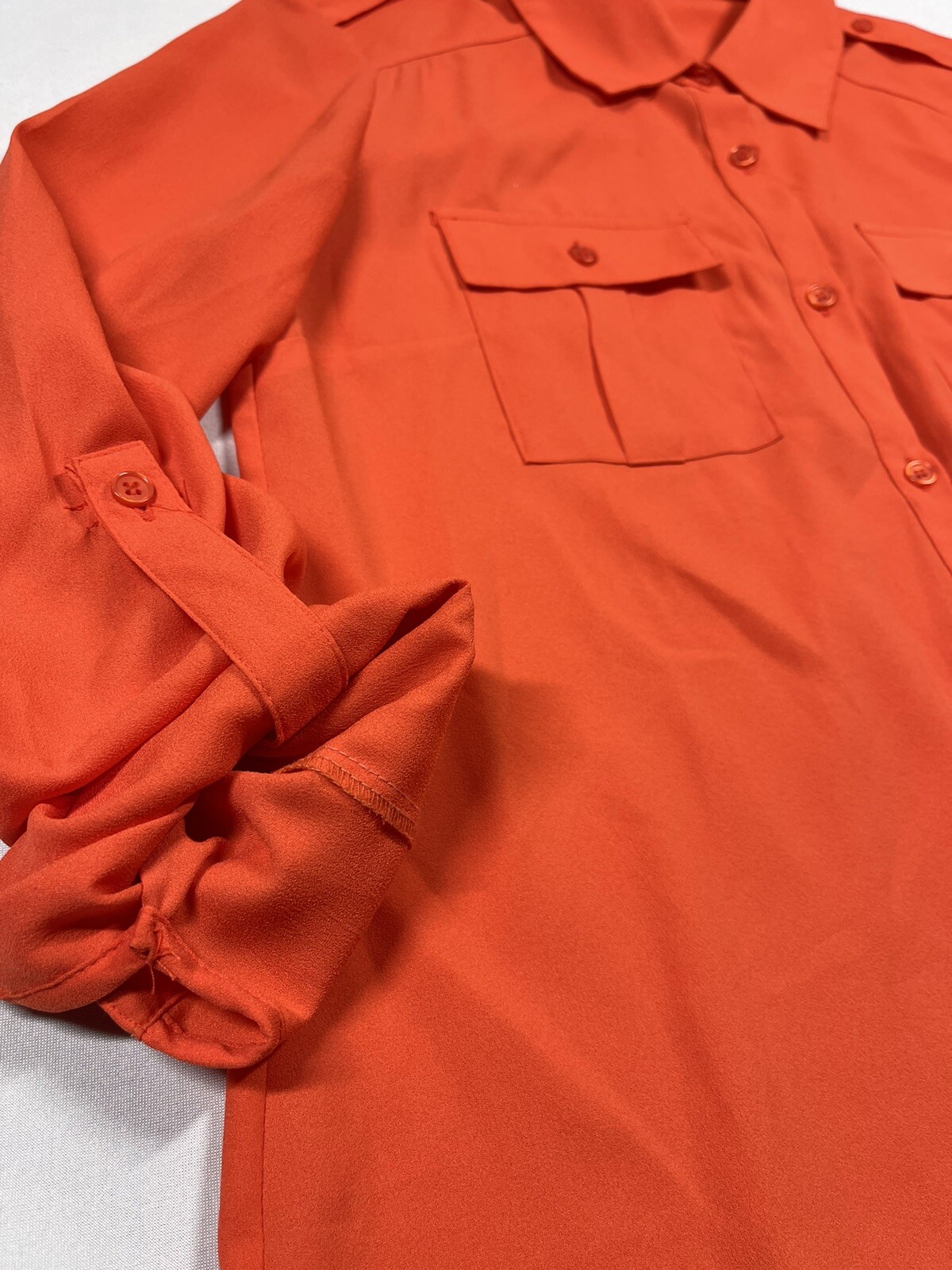 OVI Size L Large Orange Button Tap Sleeves Roll Up Collared Button Down Blouse