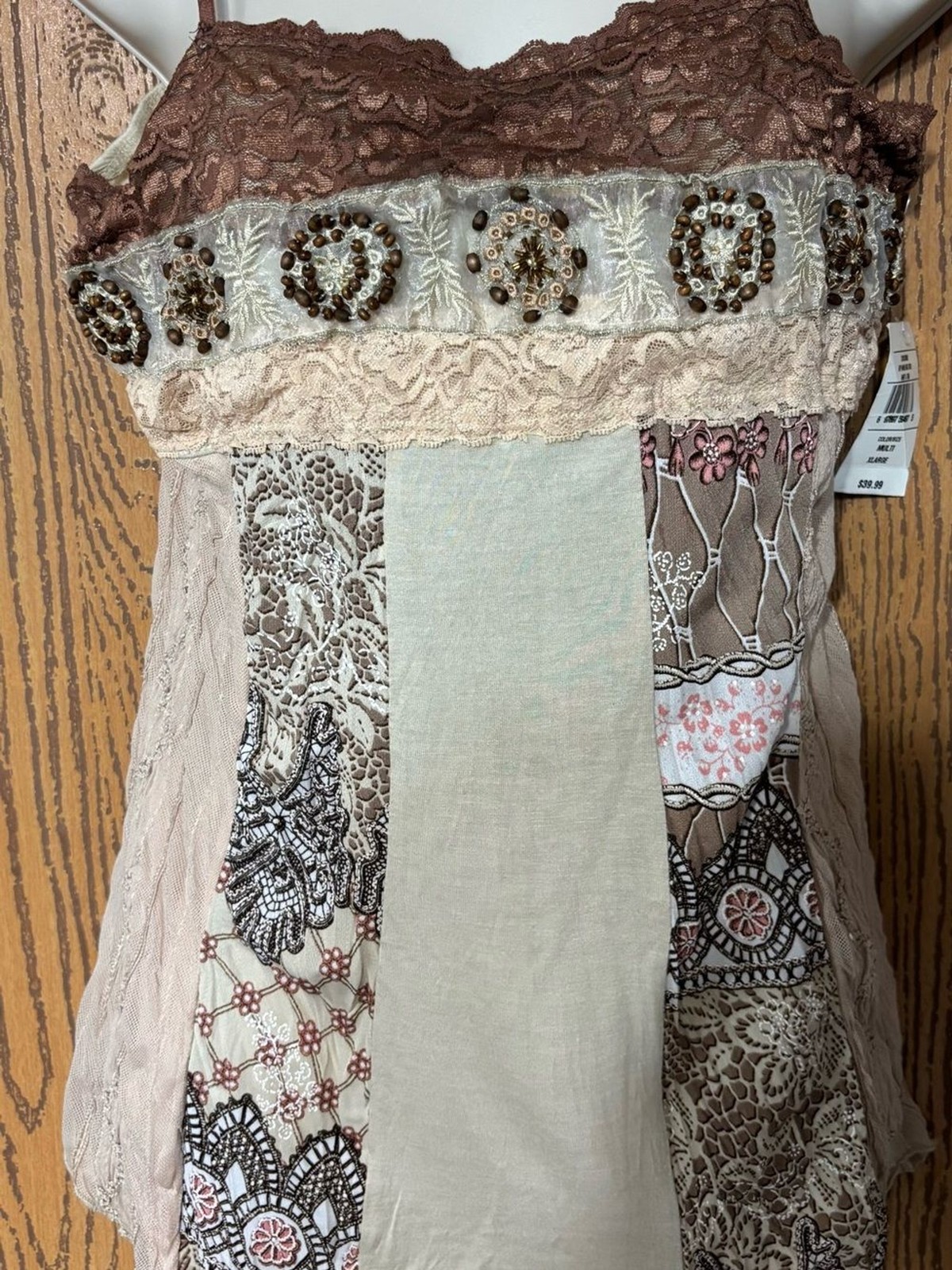 Embroidered Patchwork Lace Cami Dress in Brown and Cream