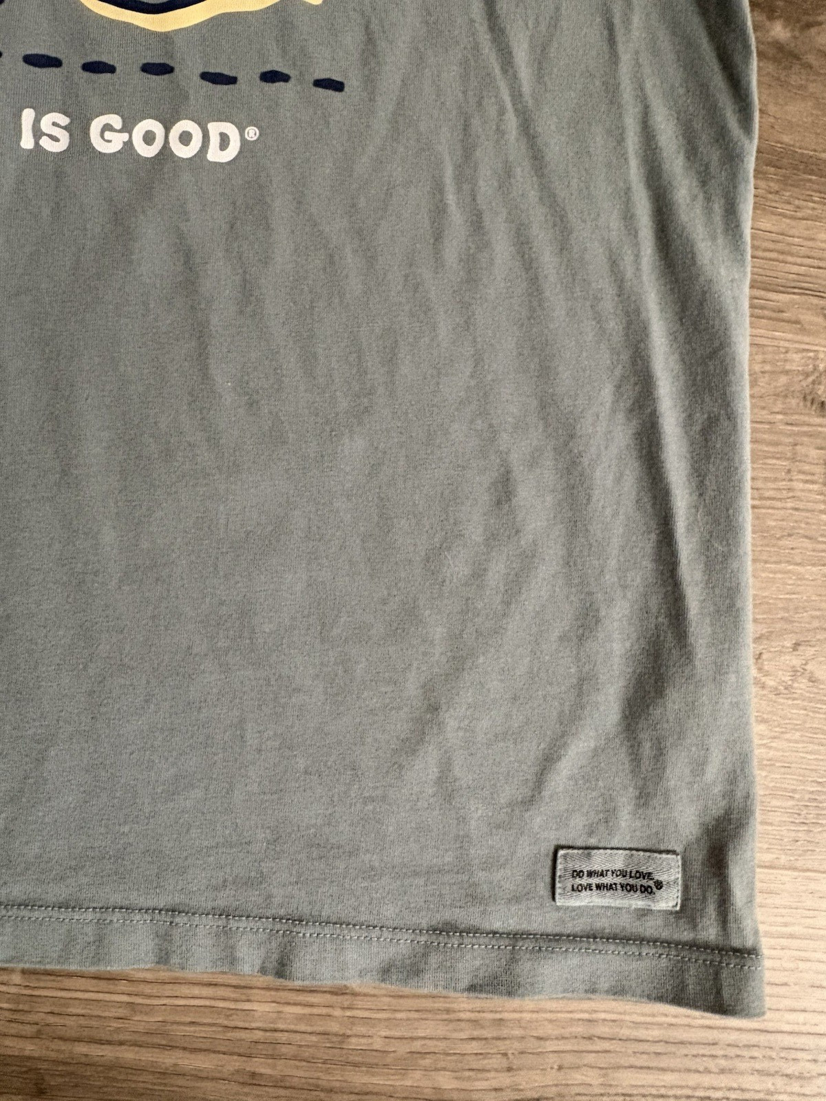 LIFE IS GOOD Women’s Crusher T-Shirt Sz L Flowers Daisies Dog Hiking Blue Green