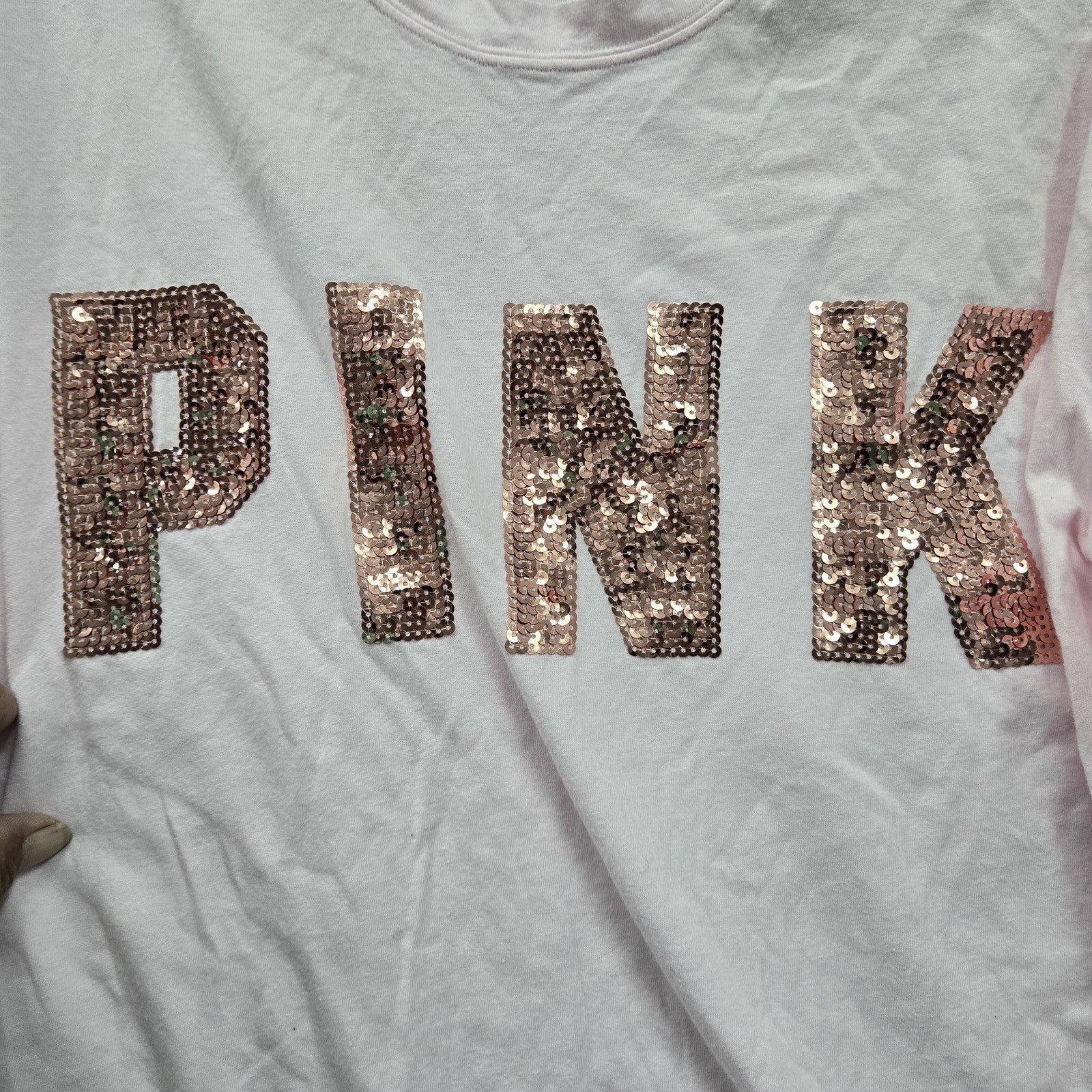 PINK Victoria’s Secret Women Shirt M Pink Sequin Crew Neck Pullover Long Sleeve