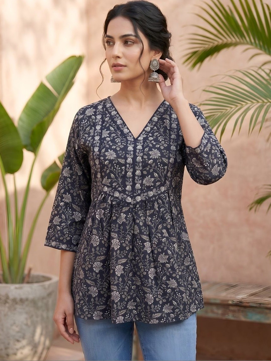 Indian Women Multi-Color Cotton Floral Printed Trending Top Tunic Kurta Kurti