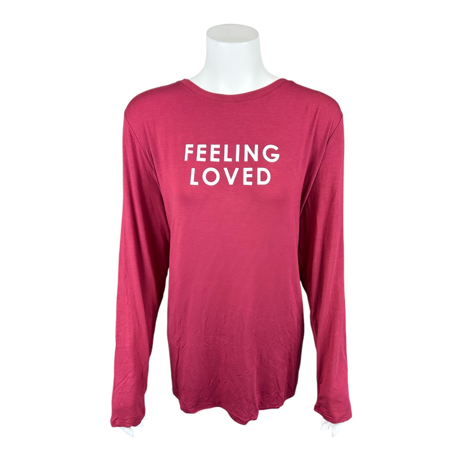 Peace Love World Long Sleeves Crewneck Tee with Affirmation Top Red Large Size