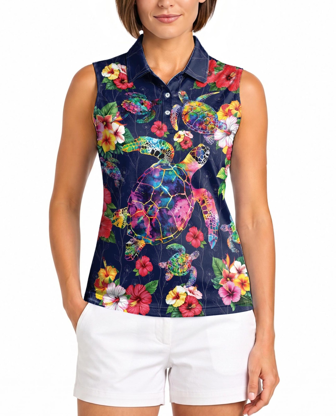 Sea Turtle Women’s Sleeveless Performance Polo Shirt Tropical Golf Tennis