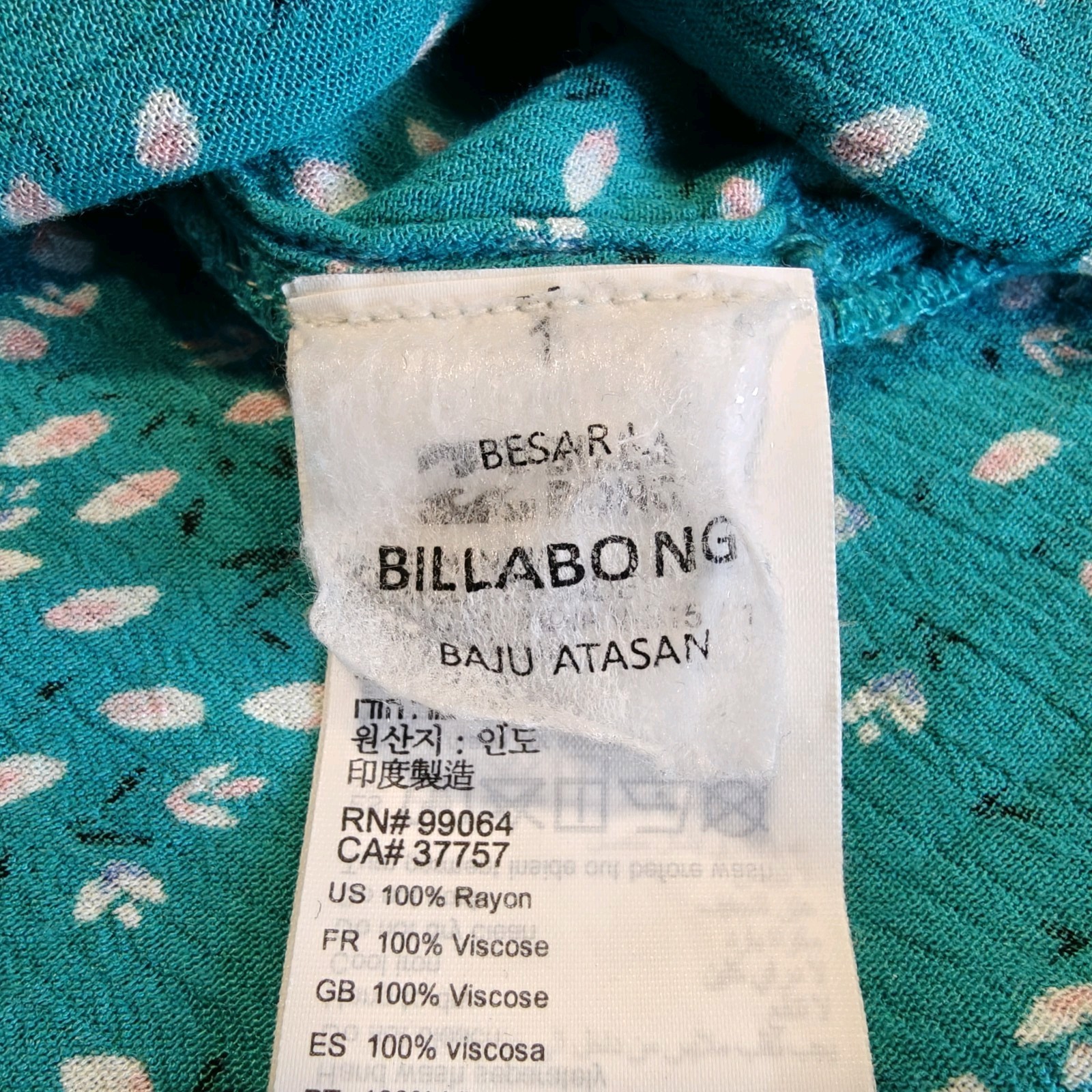 Size L Billabong Teal Green Blue Floral Flutter Sleeve True Wrap Crop Top Blouse
