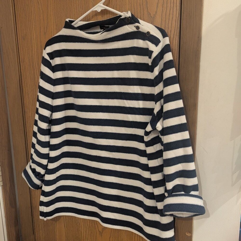 Talbots Funnel Neck Button Detail Navy/ White Striped Pullover Fleece Top-XL