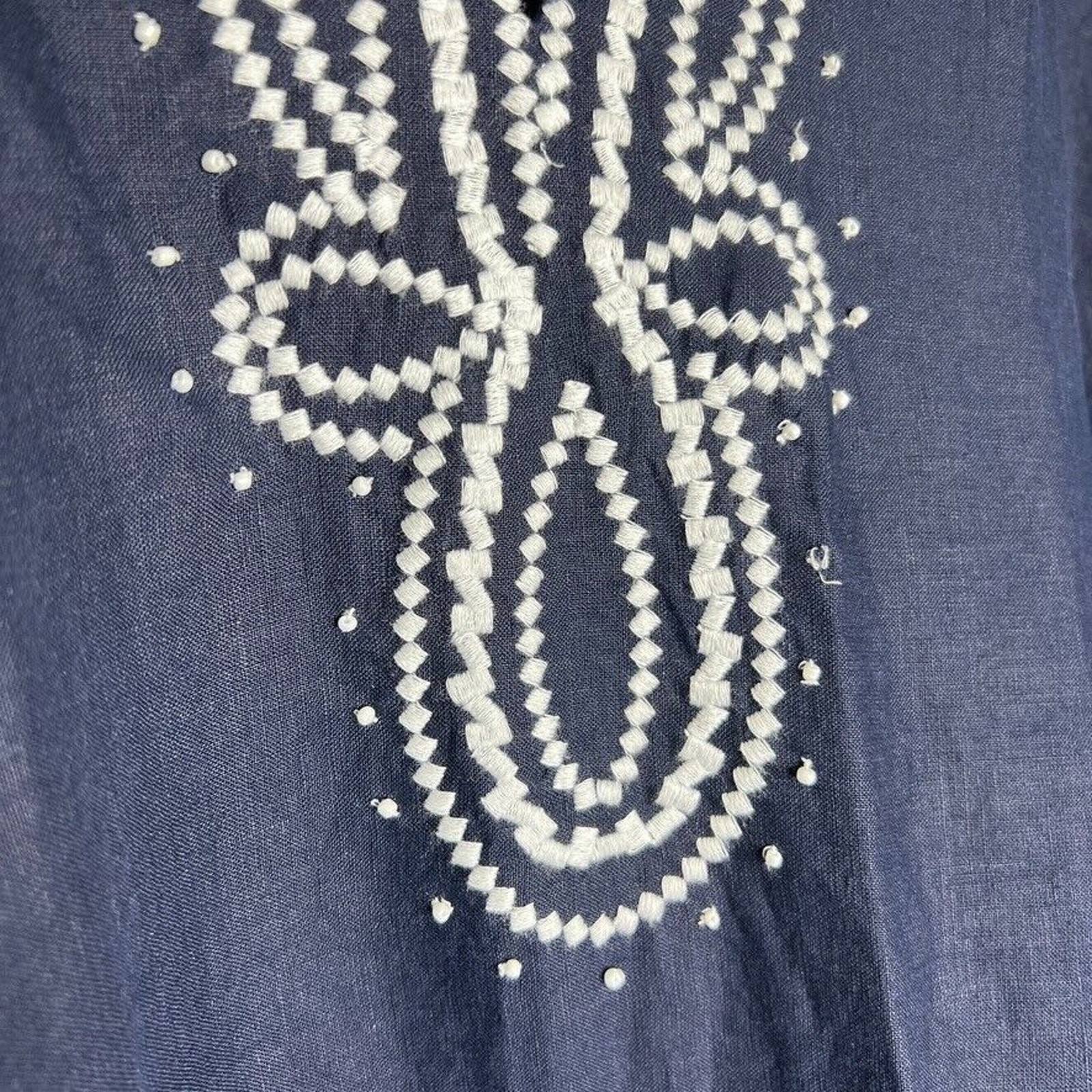 Talbots Navy Blue 100% Linen Embroidered Poncho V-neck Poncho Top L Women’s