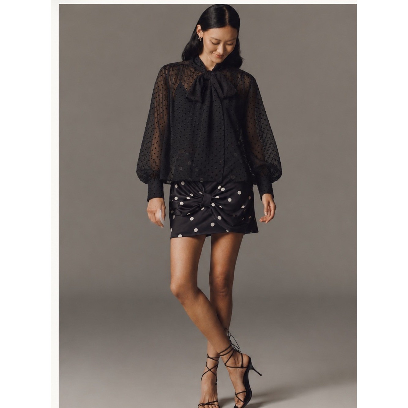 H&M Sheer Black Polka Dot Blouse with Bow Tie
