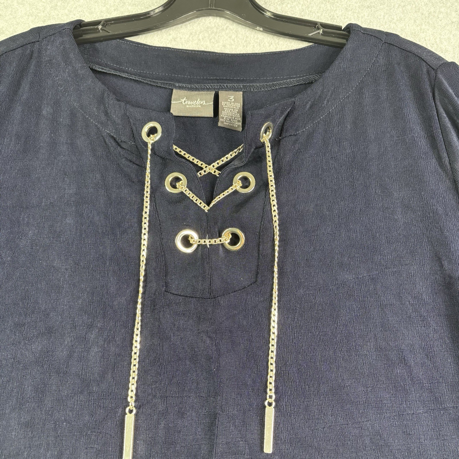 Chicos 3 Travelers Top Women’s XL Blue Gold Chain Tie Slinky Travel Classic