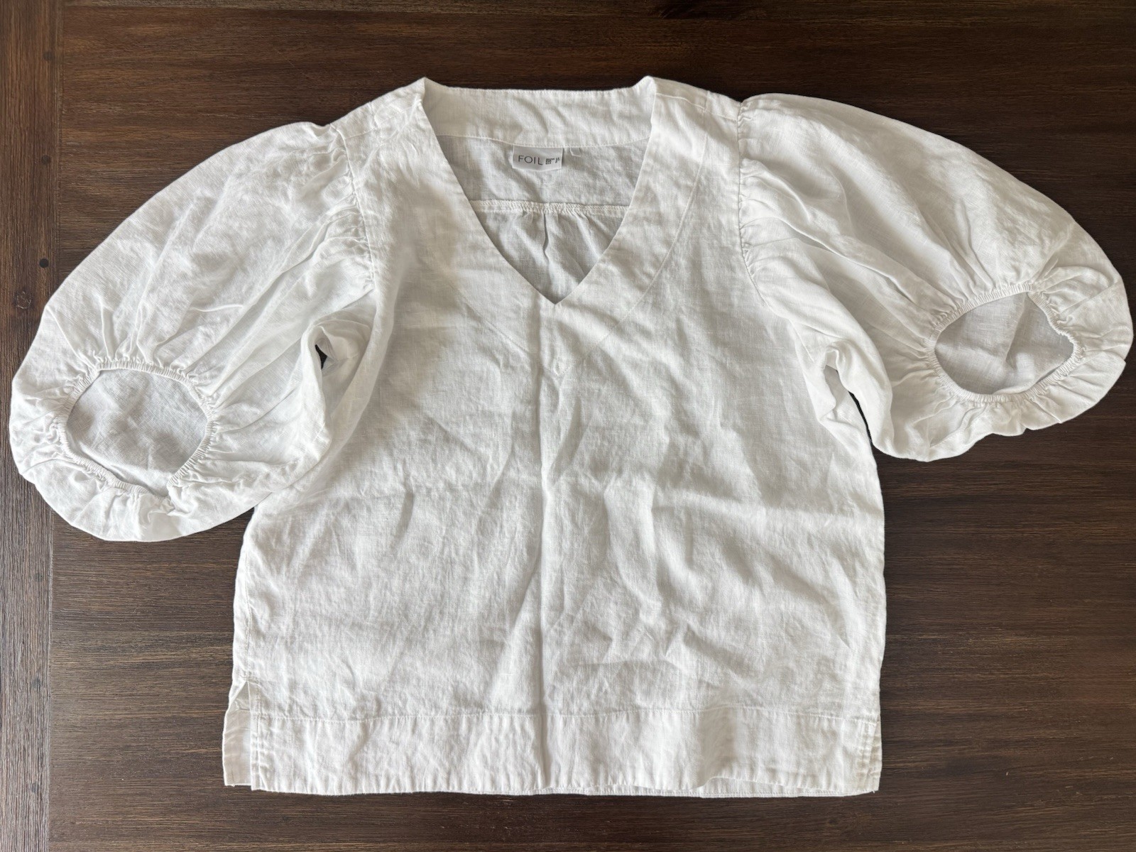 FOIL Crisp Linen Blouse Shirt Women’s Medium 8 Puff Sleeve Relaxed Top
