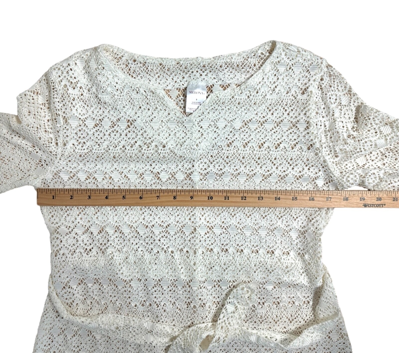 MERONA Women’s Belted Crochet Top Half Sleeve Sheer Size S Off-White