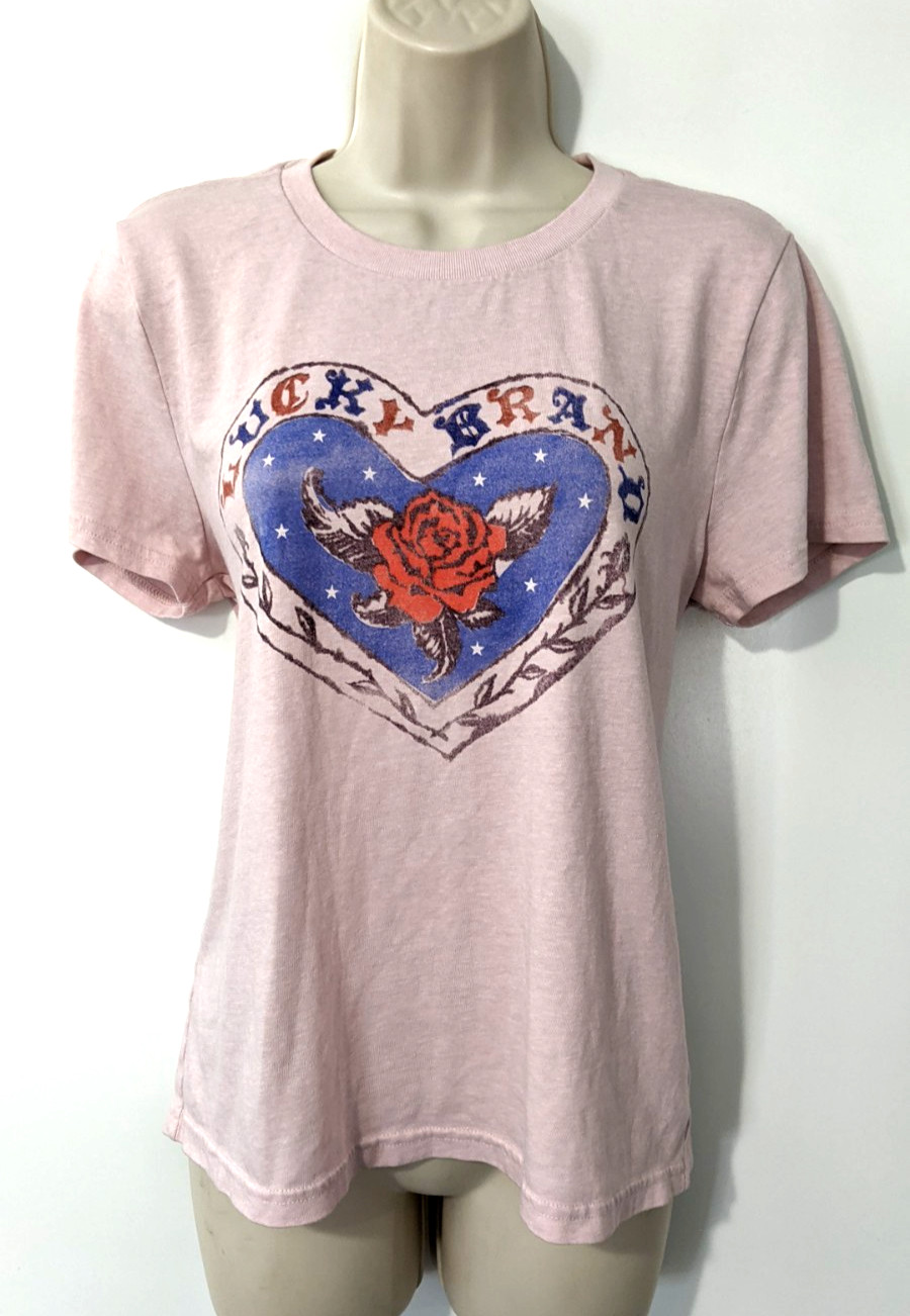 Lucky Brand Women’s Graphic T-Shirt Sz M Polyester/Cotton Blend Heart Rose EUC