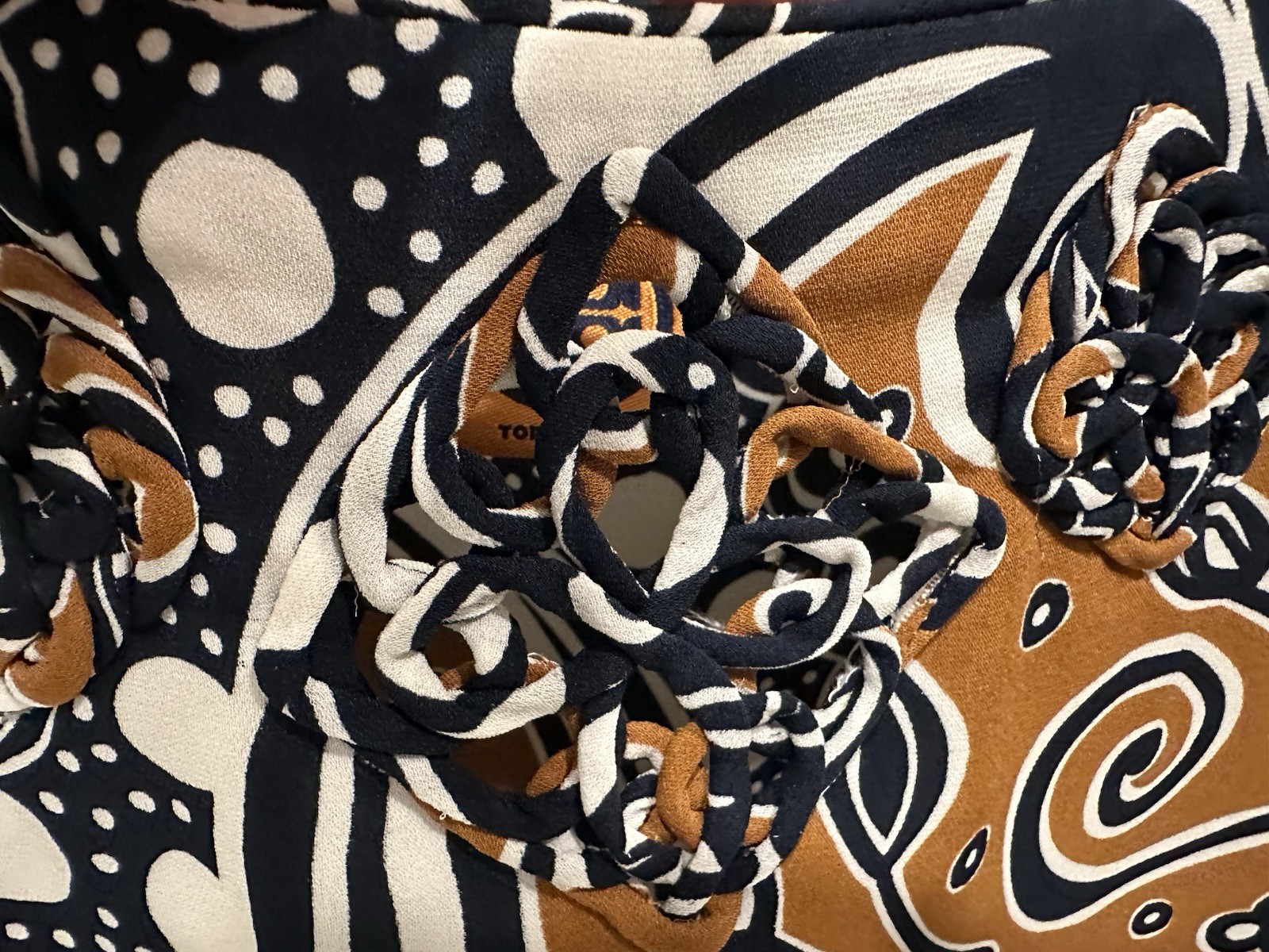 Tory Burch 100% Silk Blouse Sz 0 Funky Swirl print Blue/Brown Designer Dry Clean