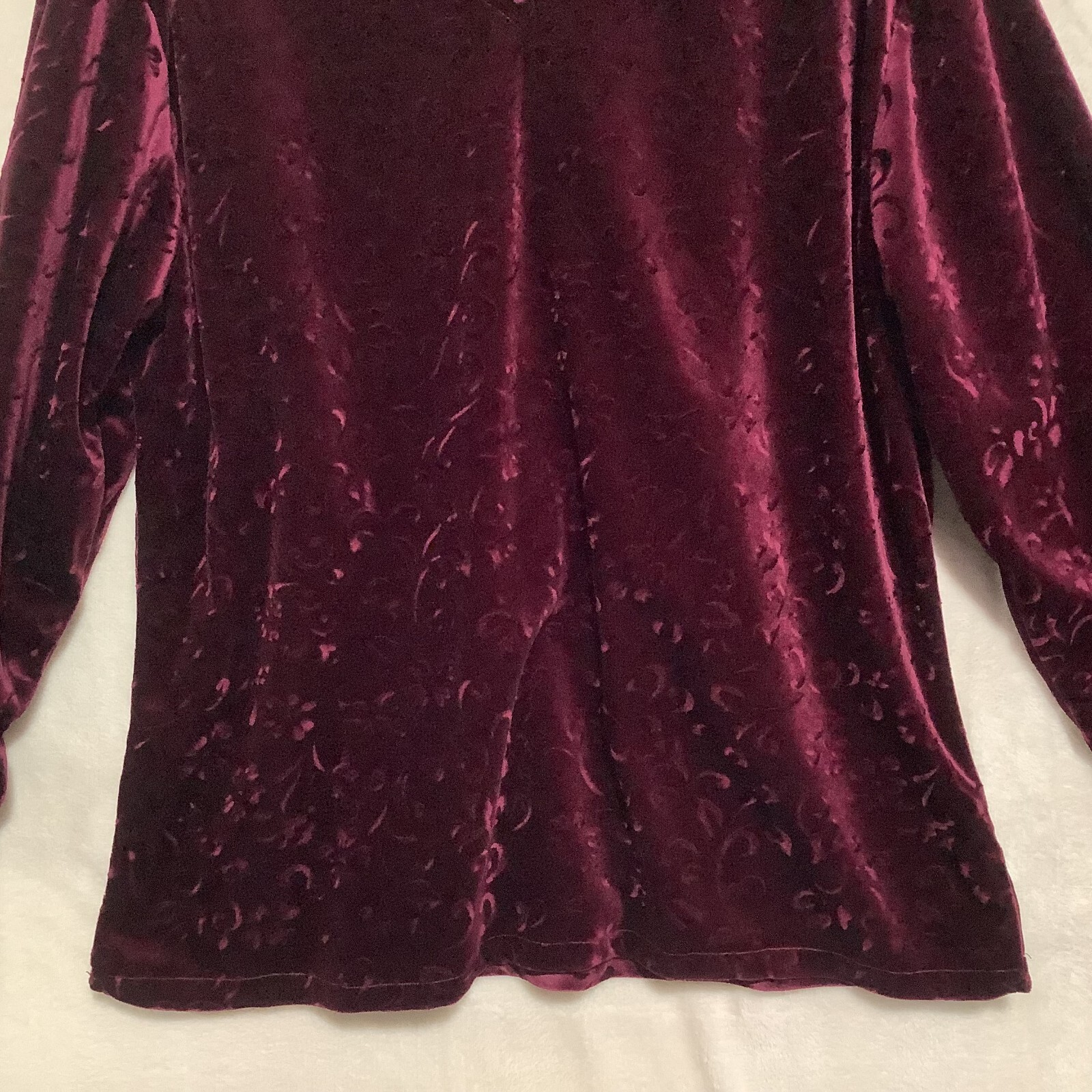 Vintage Bold Spirit Crushed Velvet Velour Shirt Floral Embossed Womens Sz M Red