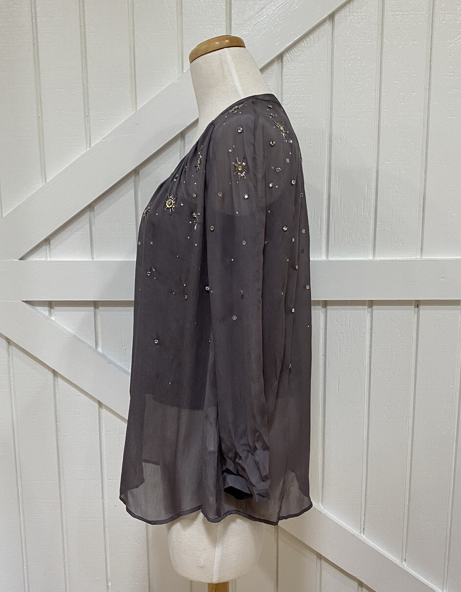 Boden 10 Taupe Gray bejeweled Gold Silver Sheer Long Sleeve Blouse Top With Cami