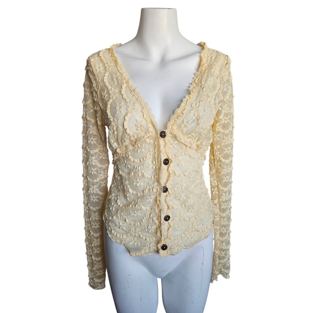 Butter Yellow Lace Button Front Cardigan Boho Romantic Sheer Cottage Top SM
