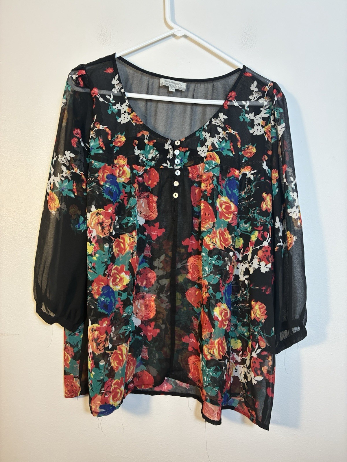 World Market Sheer Long Sleeve Blouse Sz L/XL Black Floral Boho