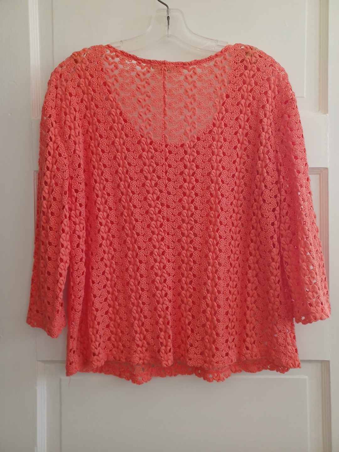 Boho orange crochet top L open weave pullover sweater beach casual festival indi