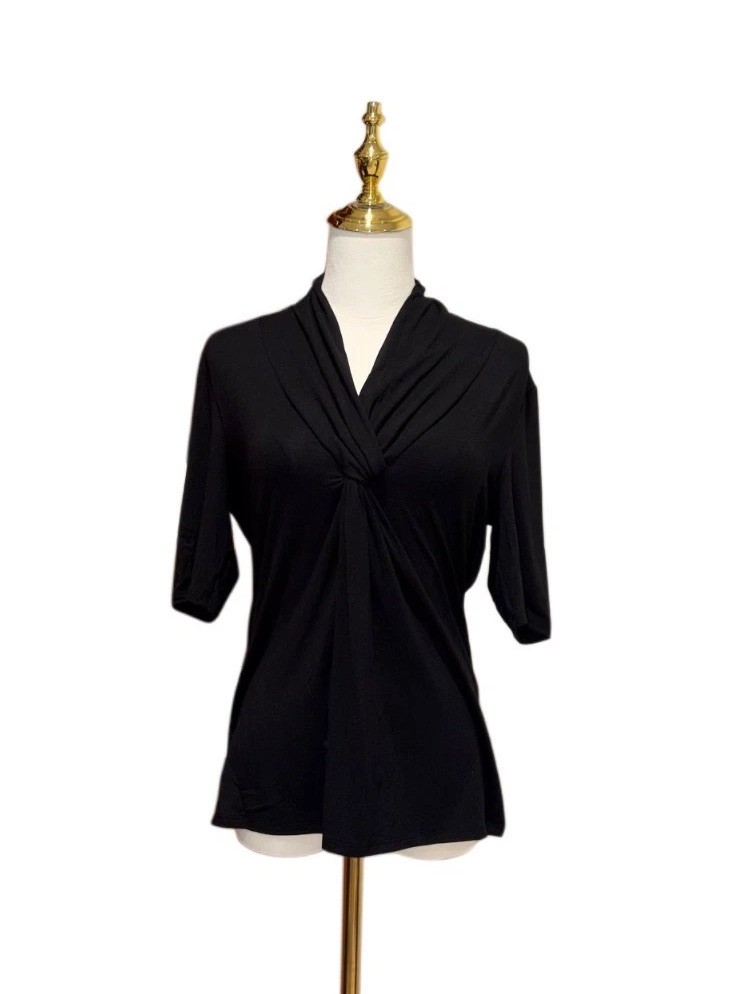 Tahari Black Twist Front Top Womens M V-Neck Short Sleeve Draped Jersey NWOT