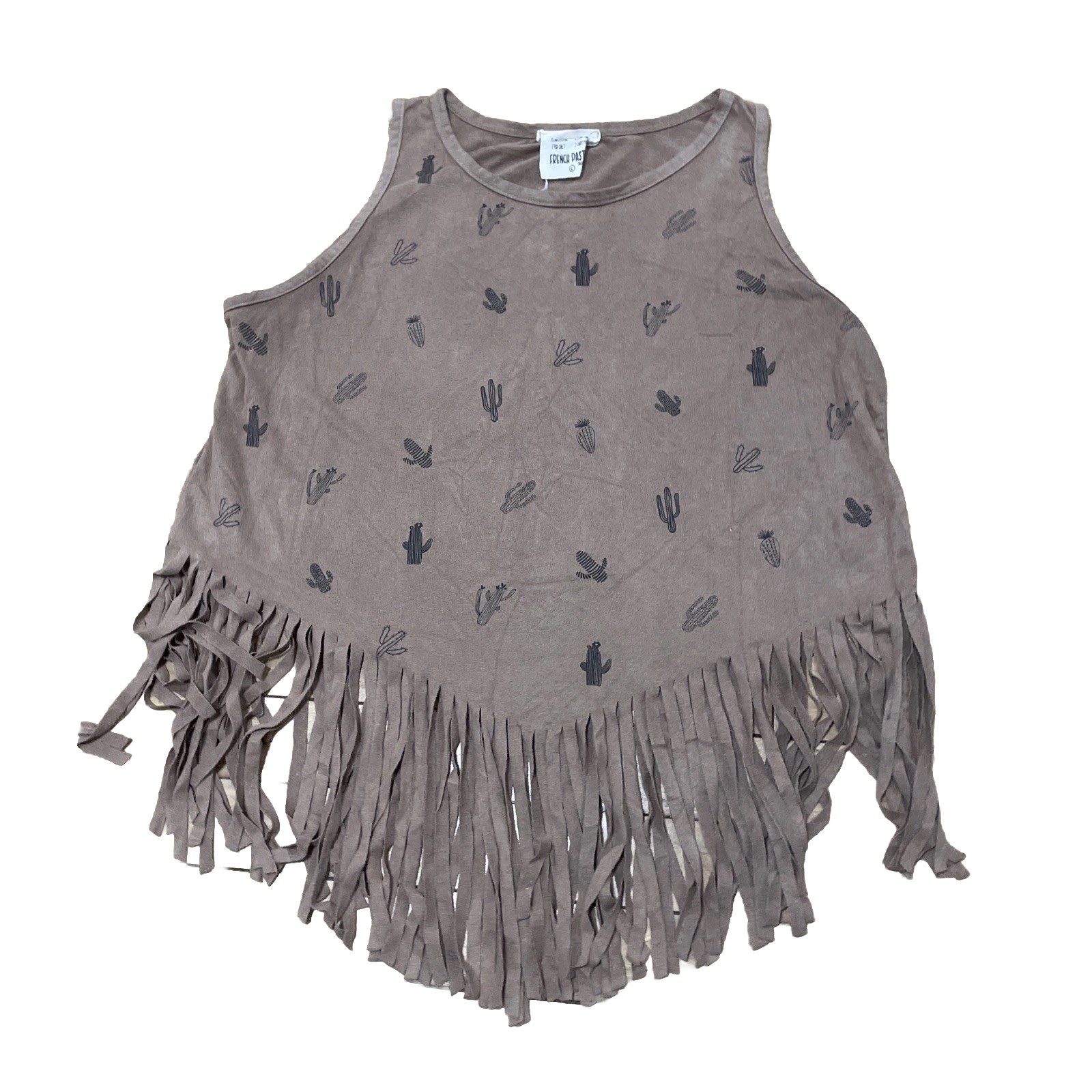 French Pastry Western Cactus Print Brown Suede Shirt Women L Fringe Boho Festive