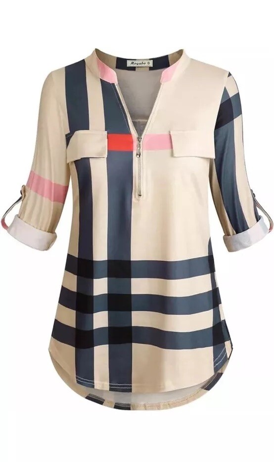 Moyabo Women’s 3/4 Cuffed Sleeve Zipped V Neck Plaid Tunic Blouse XL (AA)