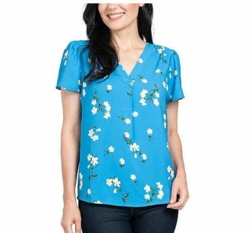 NWT HILARY RADLEY BLUE/OFF-WHITE FLORAL V-NECK SHORT SLEEVE BLOUSE SZ M #D187