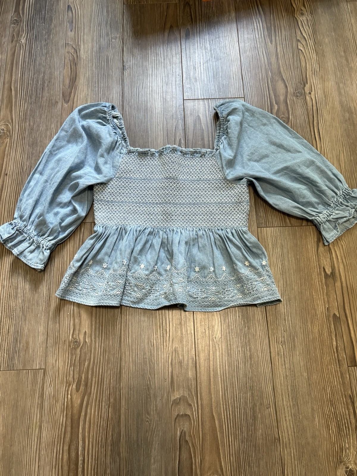 American Eagle Outfitters Blue Smocked Square Neck Puff Sleeve Boho Blouse S