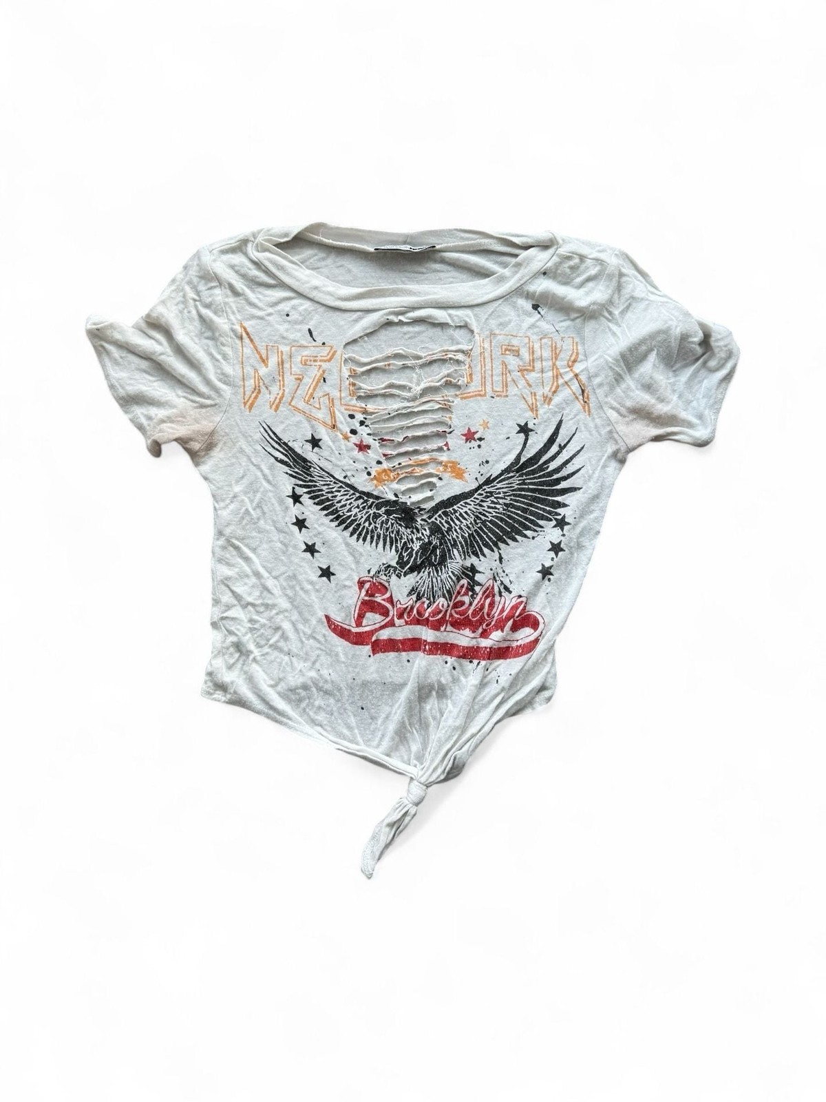 Bohemela BOHO Music Festival Eagle Graphic Distressed Tie-Front Crop T-Shirt